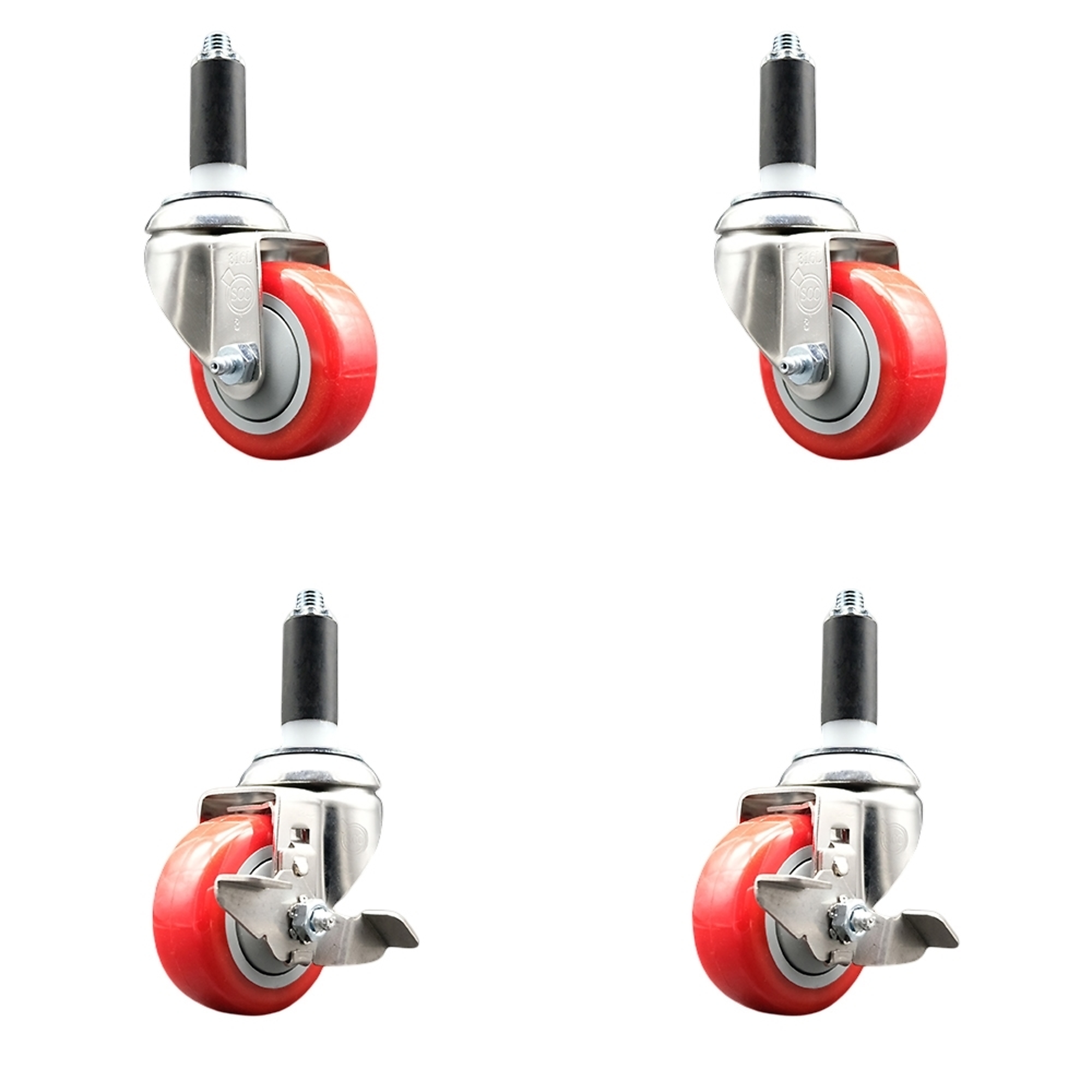 Service Caster, 3Inch x 1 1/4Inch Stem Casters, Wheel Diameter 3 in, Caster Type Swivel, Package (qty.) 4, Model SS316EX20S314-PPUB-RED-2-TLB-2-118