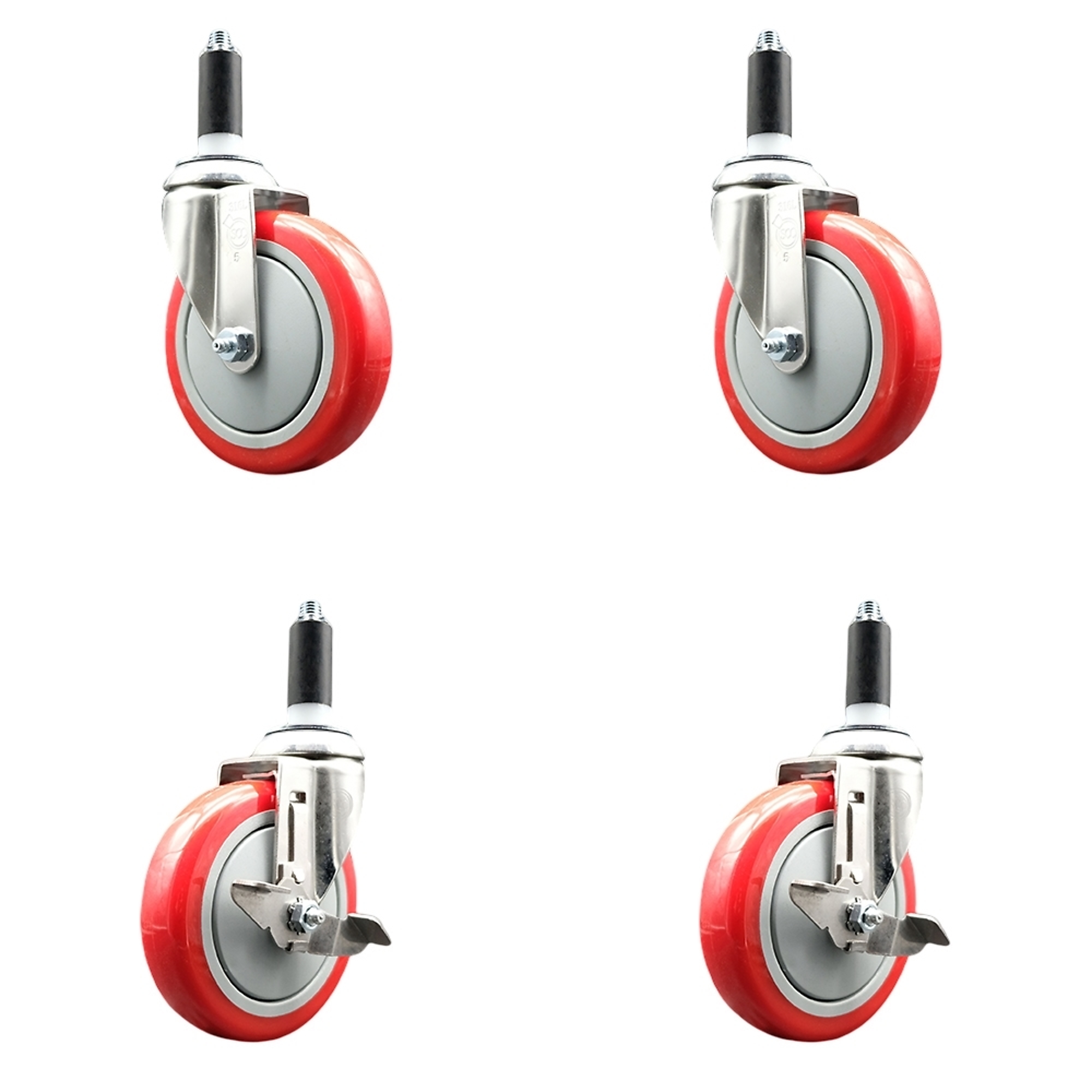 Service Caster, 5Inch x 1 1/4Inch Stem Casters, Wheel Diameter 5 in, Caster Type Swivel, Package (qty.) 4, Model SCC-SS316EX20S514-PPUB-RED-2-TLB-2-1