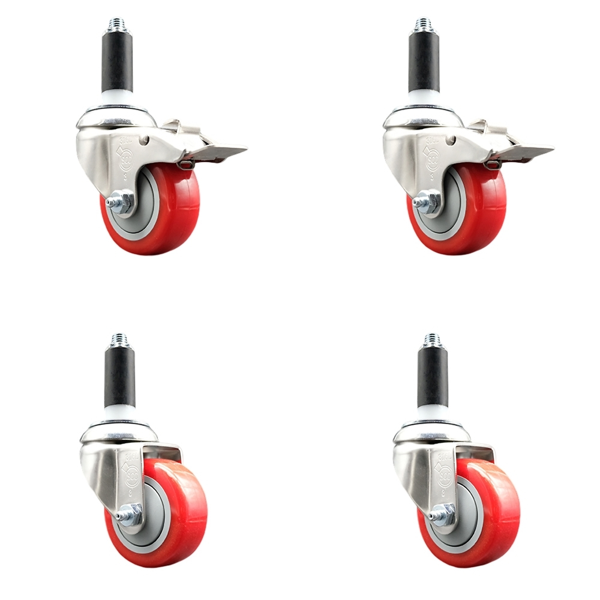 Service Caster, 3Inch x 1 1/4Inch Stem Casters, Wheel Diameter 3 in, Caster Type Swivel, Package (qty.) 4, Model SS316TTLEX20S314-PPUB-RED-2-S-2-118