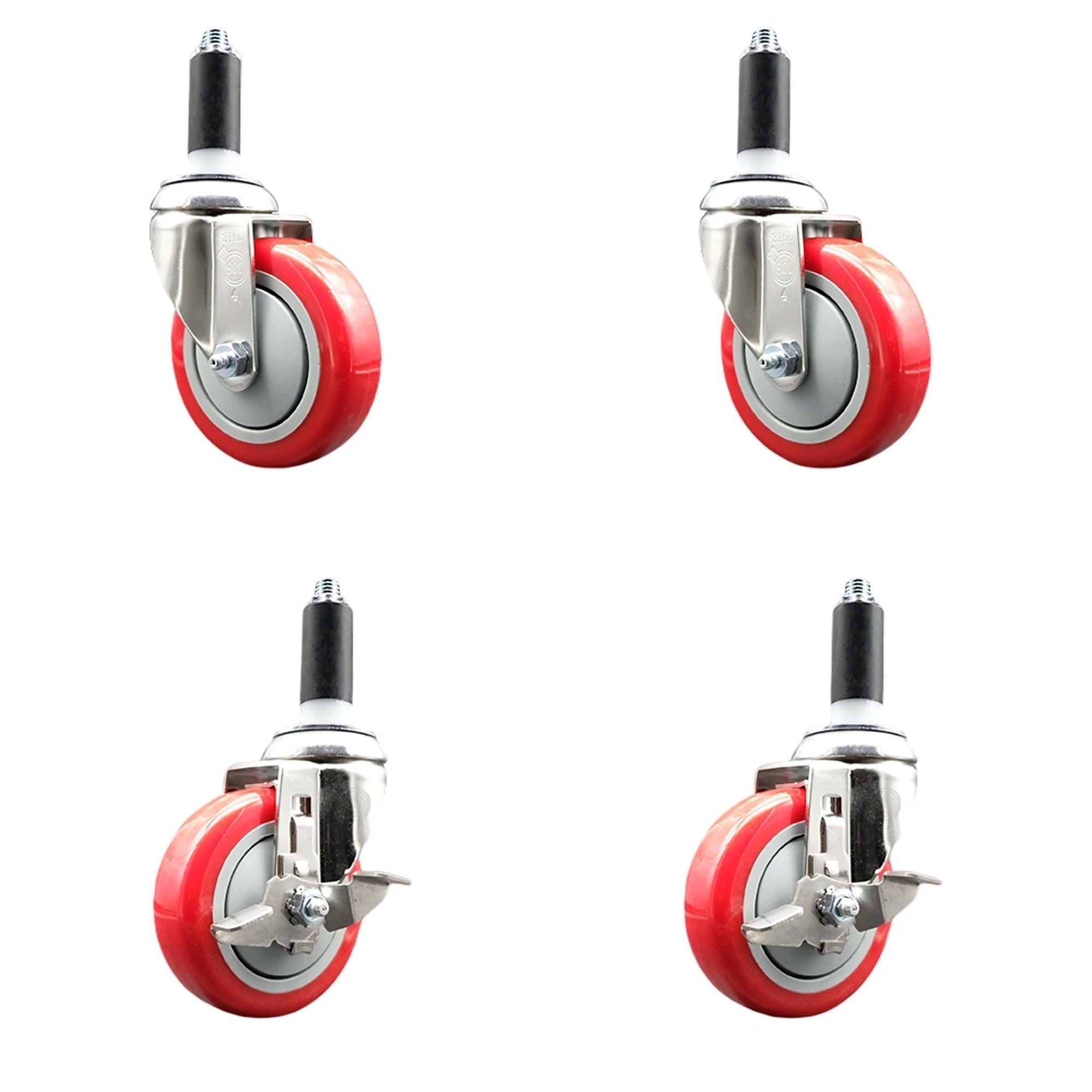 Service Caster, 4Inch x 1 1/4Inch Stem Casters, Wheel Diameter 4 in, Caster Type Swivel, Package (qty.) 4, Model SS316EX20S414-PPUB-RED-2-TLB-2-118