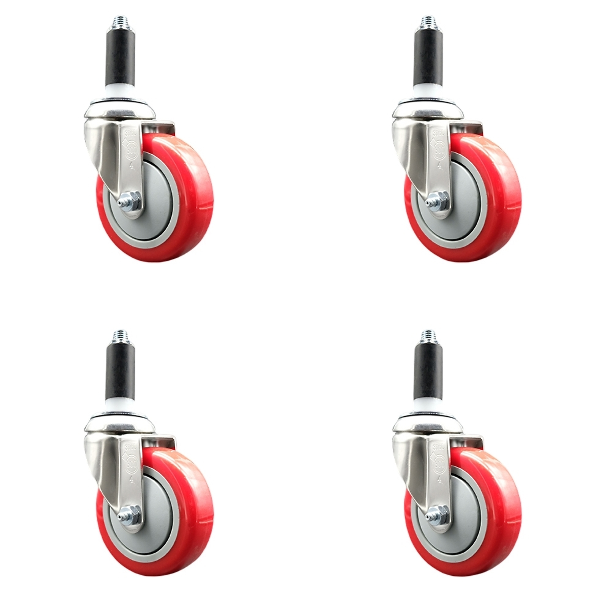 Service Caster, 4Inch x 1 1/4Inch Stem Casters, Wheel Diameter 4 in, Caster Type Swivel, Package (qty.) 4, Model SCC-SS316EX20S414-PPUB-RED-118-4