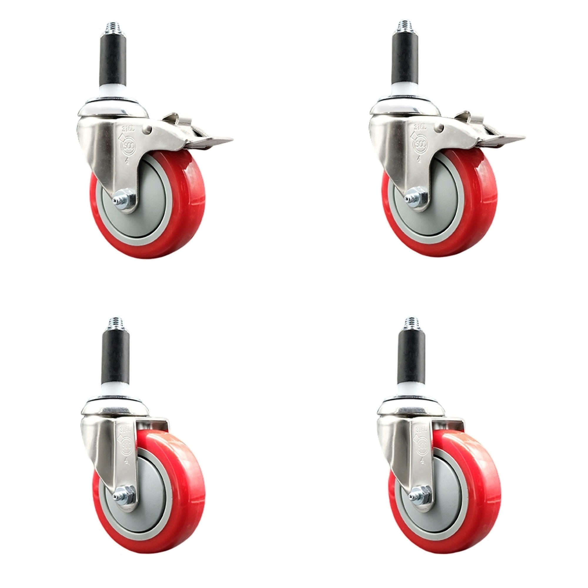 Service Caster, 4Inch x 1 1/4Inch Stem Casters, Wheel Diameter 4 in, Caster Type Swivel, Package (qty.) 4, Model SS316TTLEX20S414-PPUB-RED-2-S-2-118