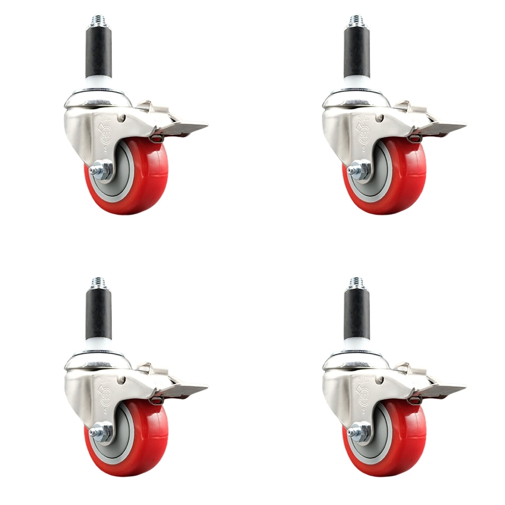 Service Caster, 3Inch x 1 1/4Inch Stem Casters, Wheel Diameter 3 in, Caster Type Swivel, Package (qty.) 4, Model SCC-SS316TTLEX20S314-PPUB-RED-118-4