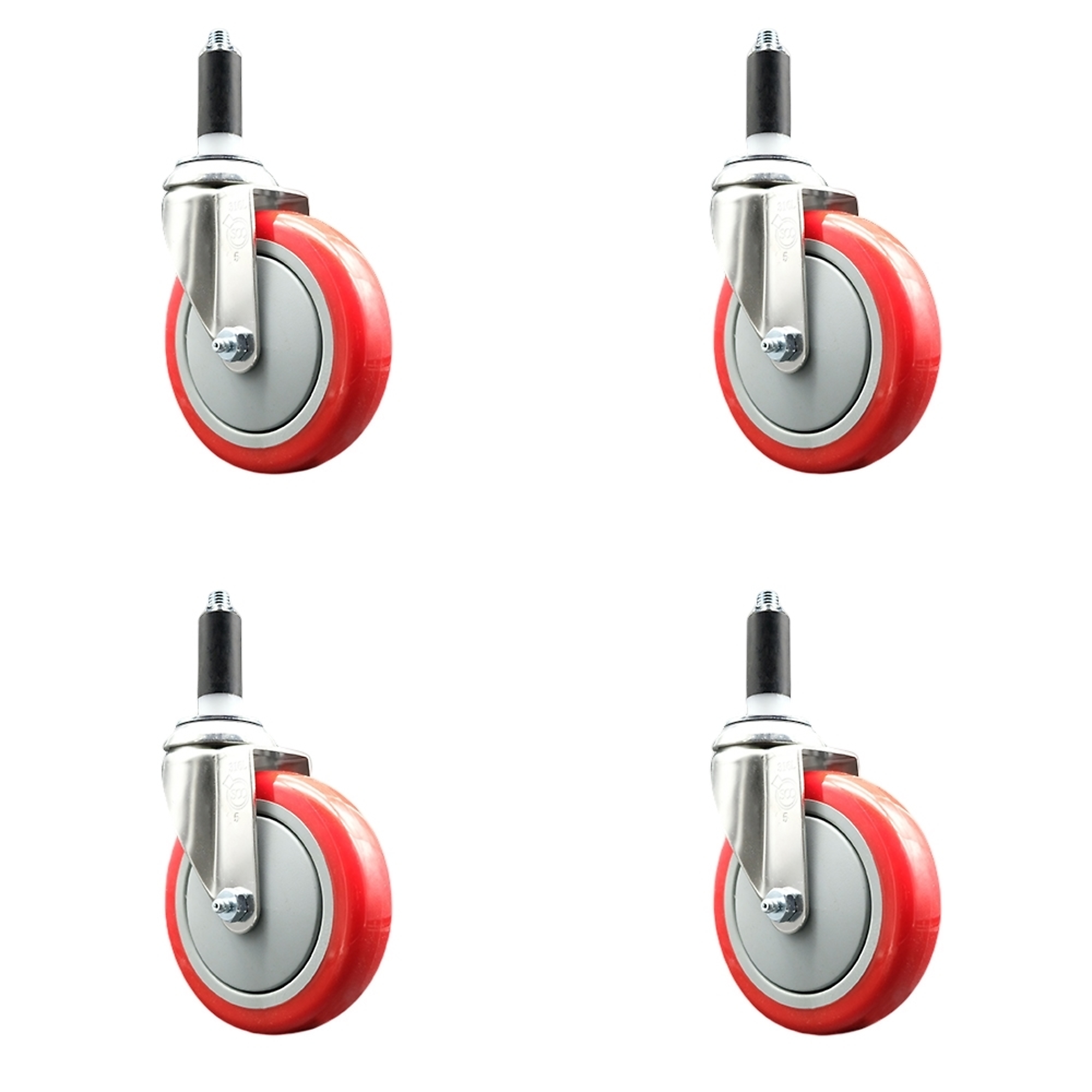 Service Caster, 5Inch x 1 1/4Inch Stem Casters, Wheel Diameter 5 in, Caster Type Swivel, Package (qty.) 4, Model SCC-SS316EX20S514-PPUB-RED-118-4