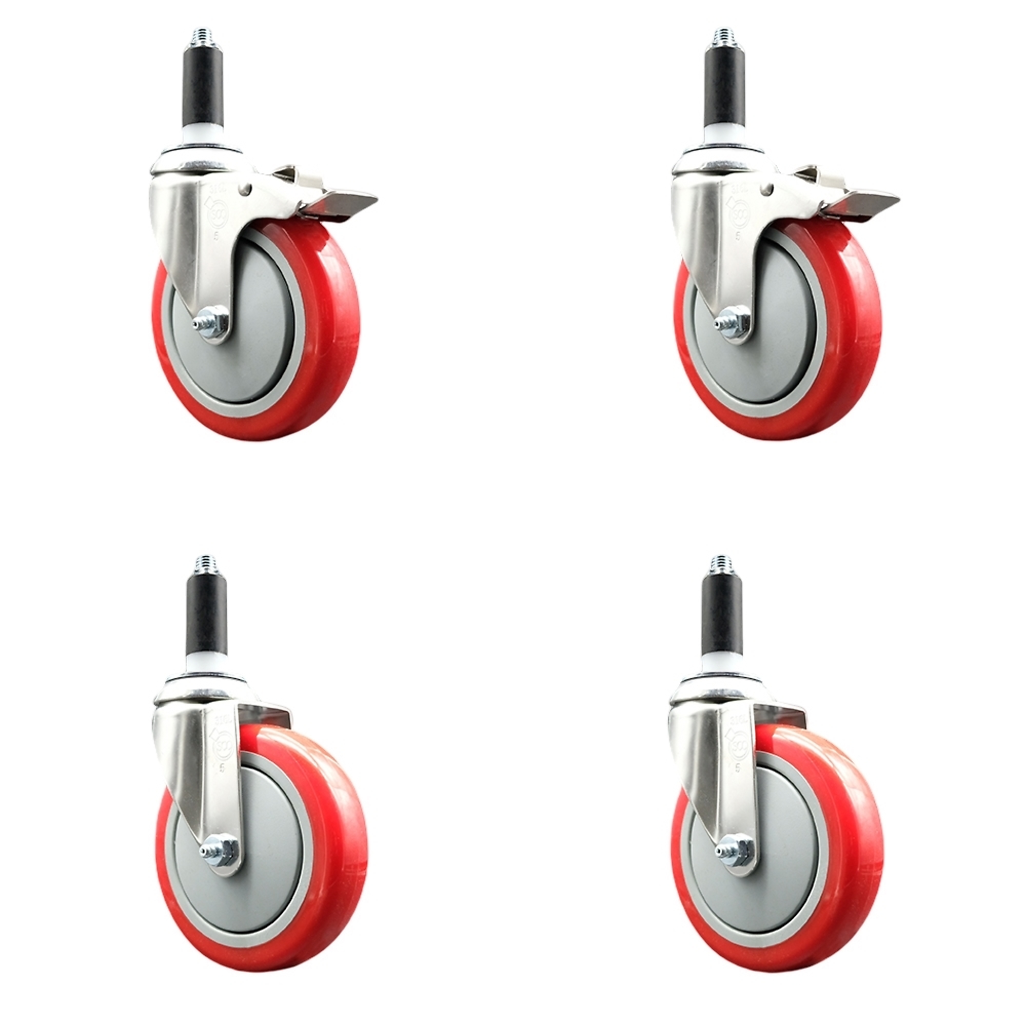 Service Caster, 5Inch x 1 1/4Inch Stem Casters, Wheel Diameter 5 in, Caster Type Swivel, Package (qty.) 4, Model SS316TTLEX20S514-PPUB-RED-2-S-2-118