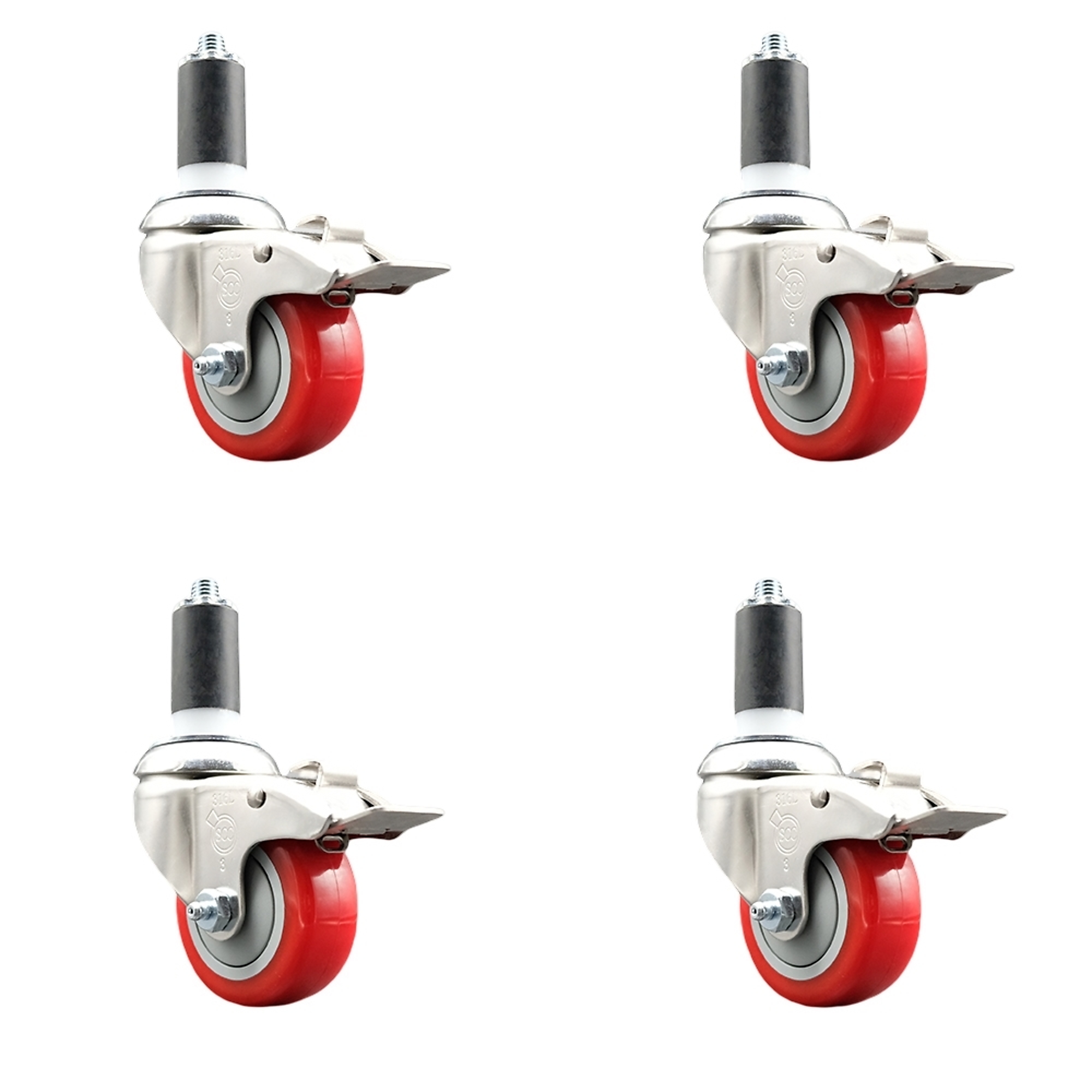 Service Caster, 3Inch x 1 1/4Inch Stem Casters, Wheel Diameter 3 in, Caster Type Swivel, Package (qty.) 4, Model SCC-SS316TTLEX20S314-PPUB-RED-114-4