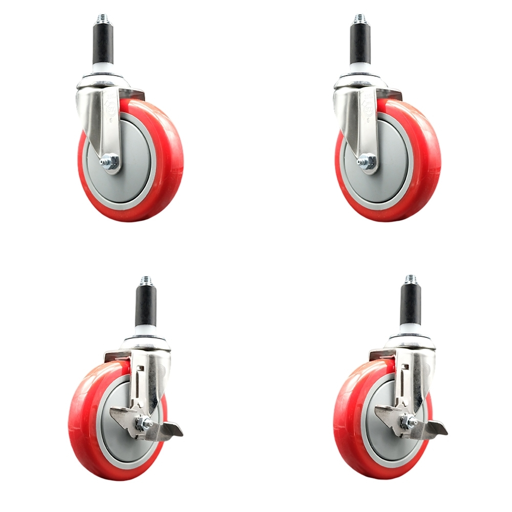 Service Caster, 5Inch x 1 1/4Inch Stem Casters, Wheel Diameter 5 in, Caster Type Swivel, Package (qty.) 4, Model SS316EX20S514-PPUB-RED-2-TLB-2-118