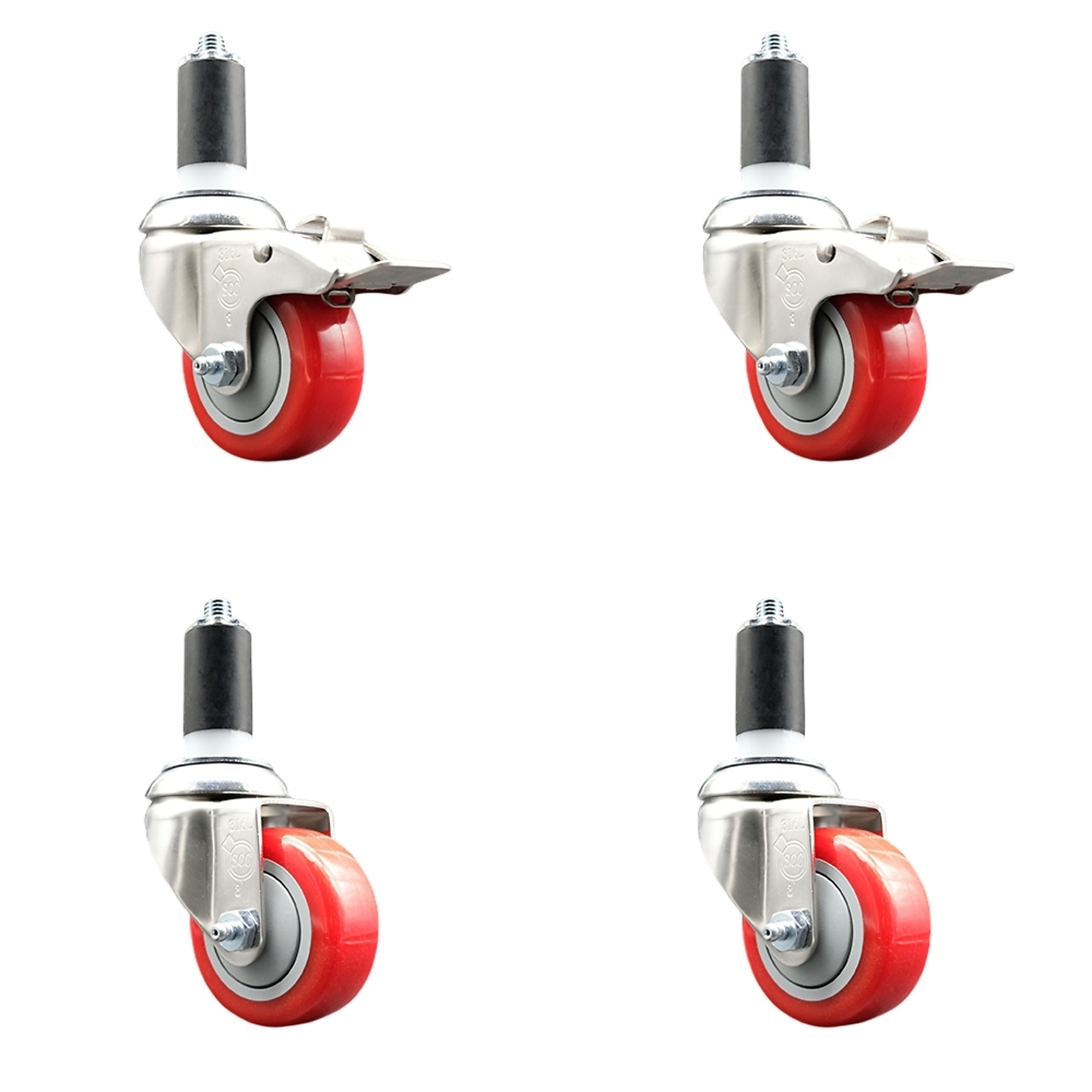 Service Caster, 3 1/2Inch x 1 1/4Inch Stem Casters, Wheel Diameter 3.5 in, Caster Type Swivel, Package (qty.) 4, Model SS316TTLEX20S3514-PPUB-RED-2-S-