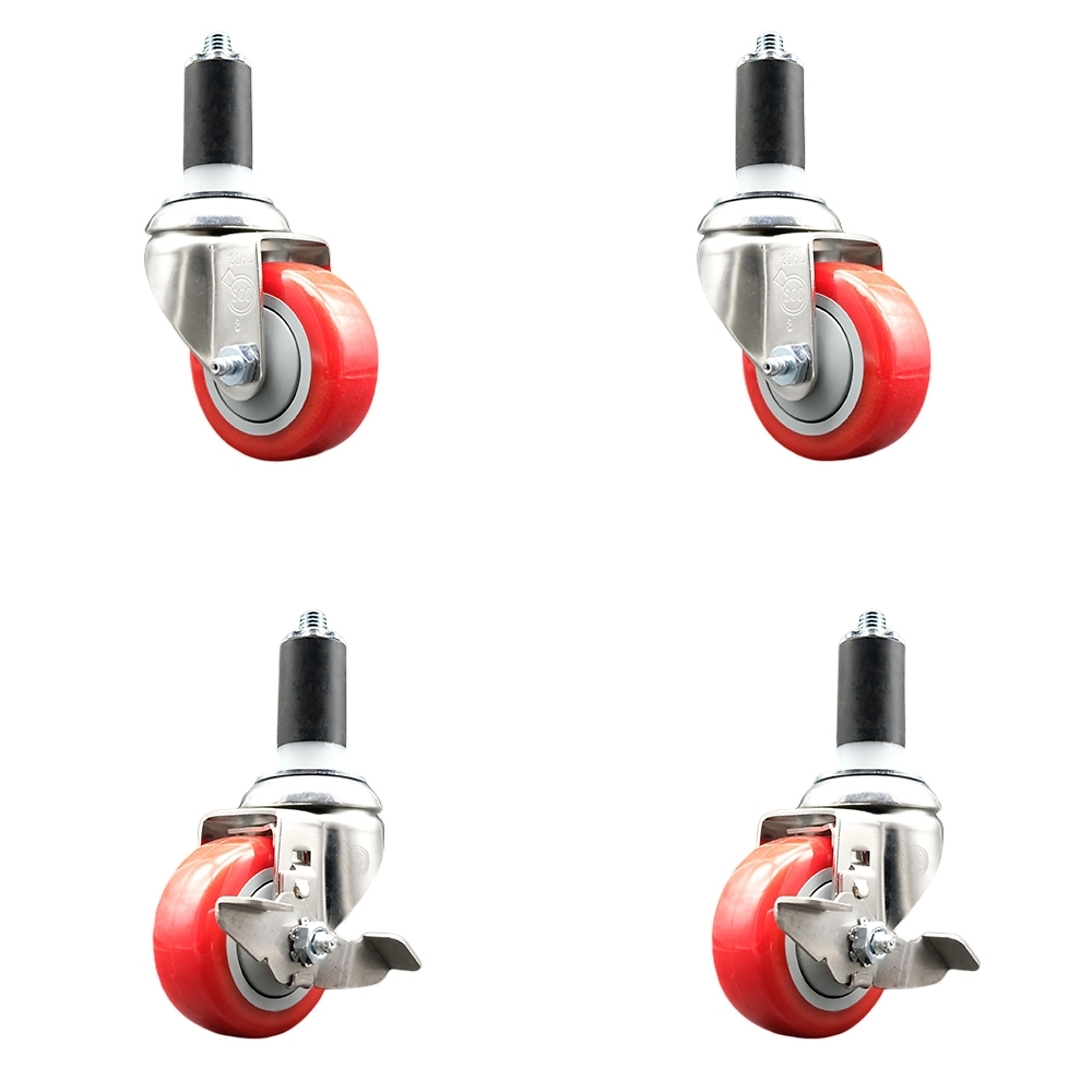 Service Caster, 3Inch x 1 1/4Inch Stem Casters, Wheel Diameter 3 in, Caster Type Swivel, Package (qty.) 4, Model SS316EX20S314-PPUB-RED-2-TLB-2-114