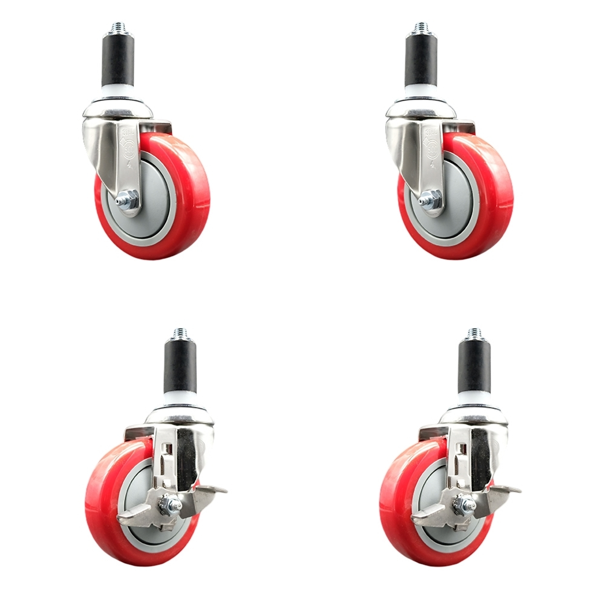 Service Caster, 4Inch x 1 1/4Inch Stem Casters, Wheel Diameter 4 in, Caster Type Swivel, Package (qty.) 4, Model SS316EX20S414-PPUB-RED-2-TLB-2-114