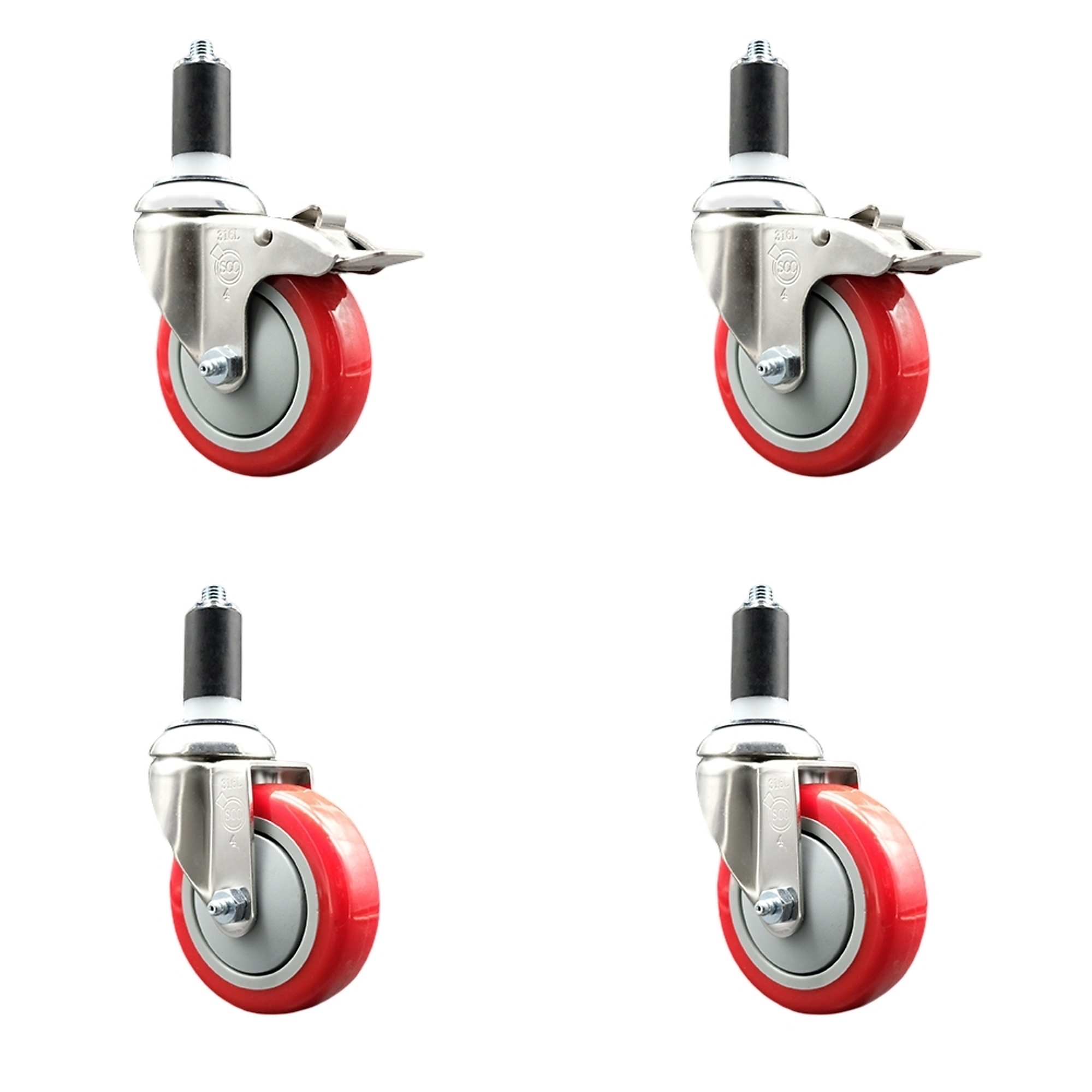 Service Caster, 4Inch x 1 1/4Inch Stem Casters, Wheel Diameter 4 in, Caster Type Swivel, Package (qty.) 4, Model SS316TTLEX20S414-PPUB-RED-2-S-2-114