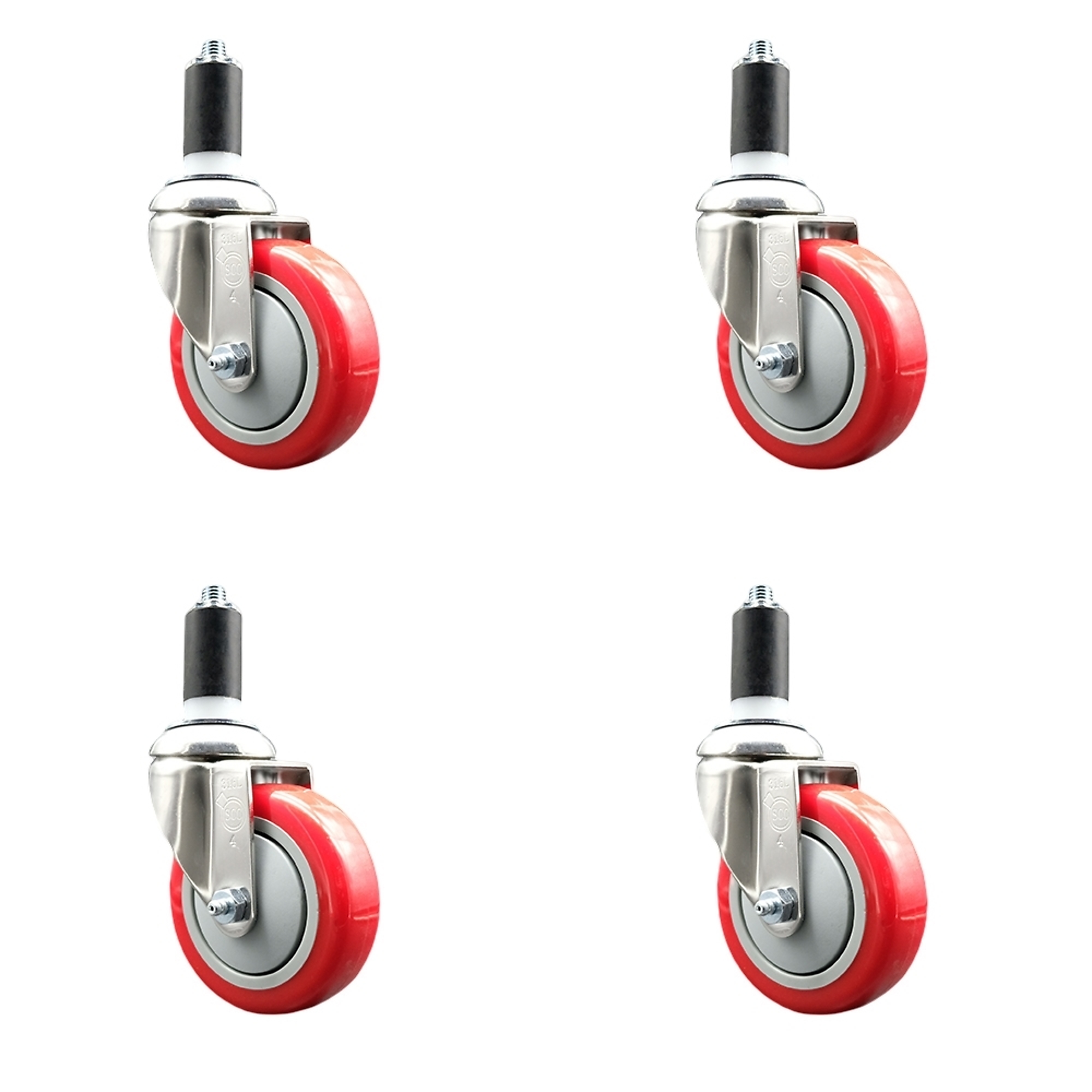 Service Caster, 4Inch x 1 1/4Inch Stem Casters, Wheel Diameter 4 in, Caster Type Swivel, Package (qty.) 4, Model SCC-SS316EX20S414-PPUB-RED-114-4