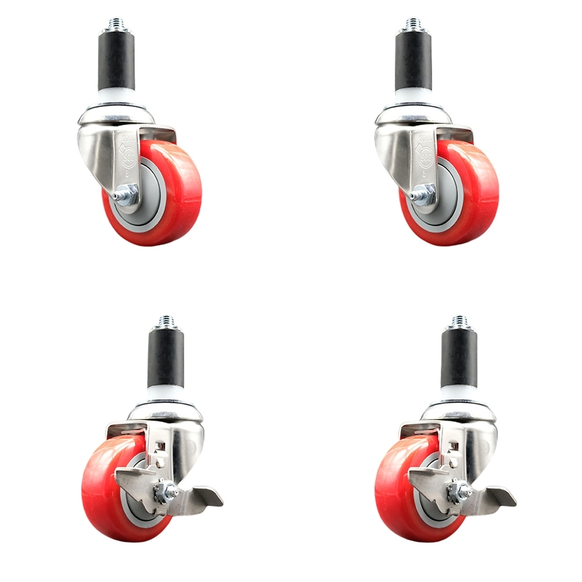 Service Caster, 3Inch x 1 1/4Inch Stem Casters, Wheel Diameter 3 in, Caster Type Swivel, Package (qty.) 4, Model SS316EX20S314-PPUB-RED-2-TLB-2-138