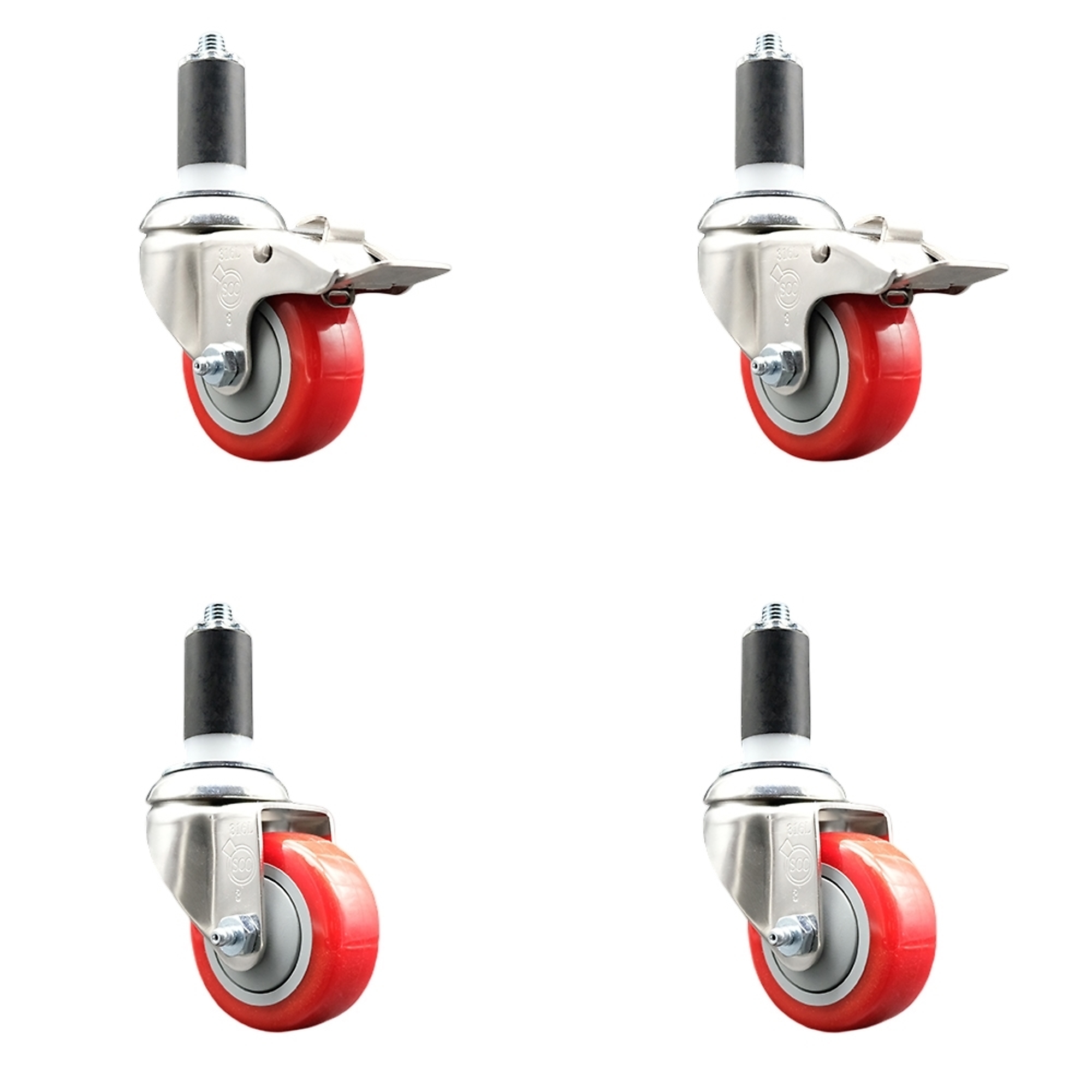 Service Caster, 3Inch x 1 1/4Inch Stem Casters, Wheel Diameter 3 in, Caster Type Swivel, Package (qty.) 4, Model SS316TTLEX20S314-PPUB-RED-2-S-2-138