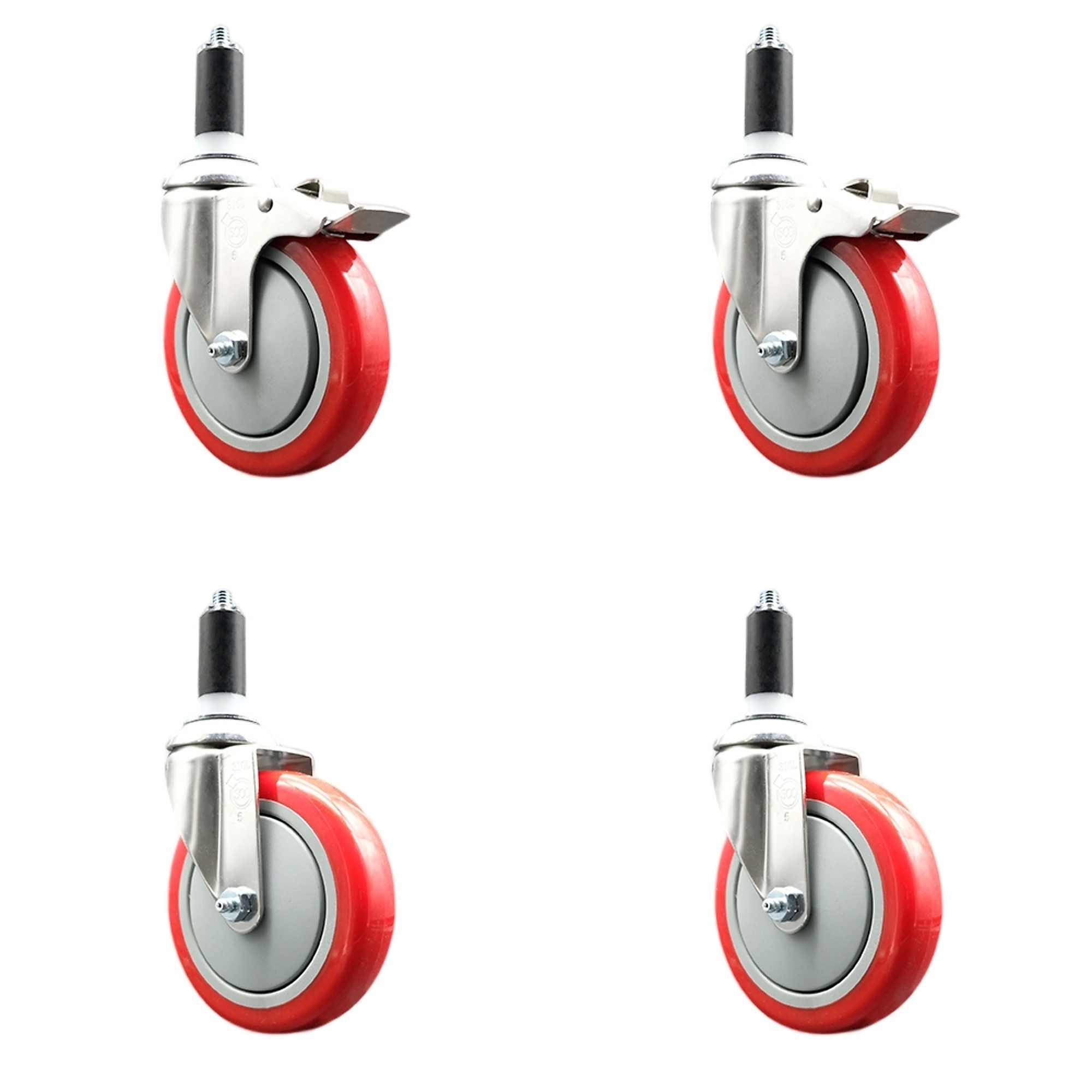 Service Caster, 5Inch x 1 1/4Inch Stem Casters, Wheel Diameter 5 in, Caster Type Swivel, Package (qty.) 4, Model SS316TTLEX20S514-PPUB-RED-2-S-2-114