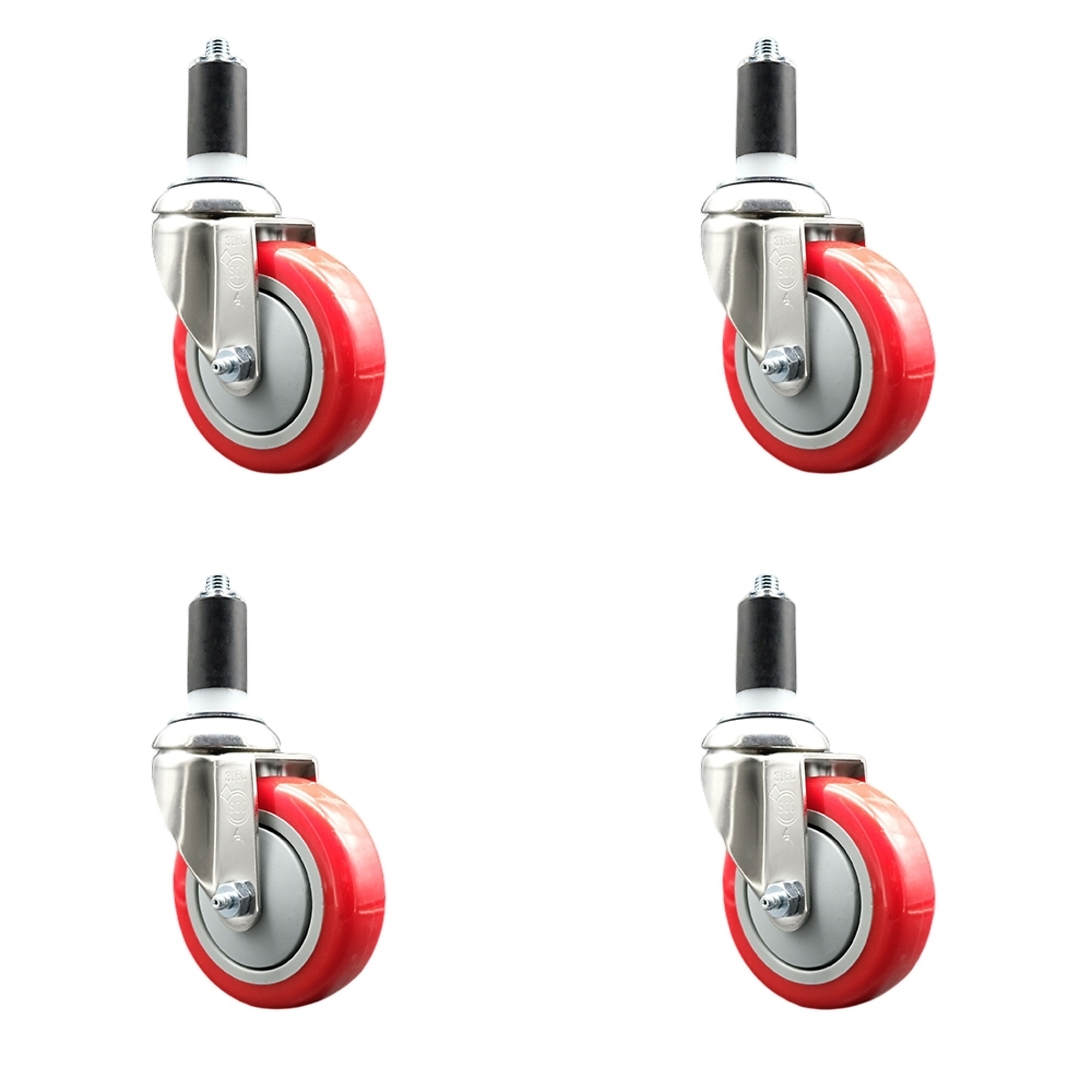 Service Caster, 4Inch x 1 1/4Inch Stem Casters, Wheel Diameter 4 in, Caster Type Swivel, Package (qty.) 4, Model SCC-SS316EX20S414-PPUB-RED-138-4