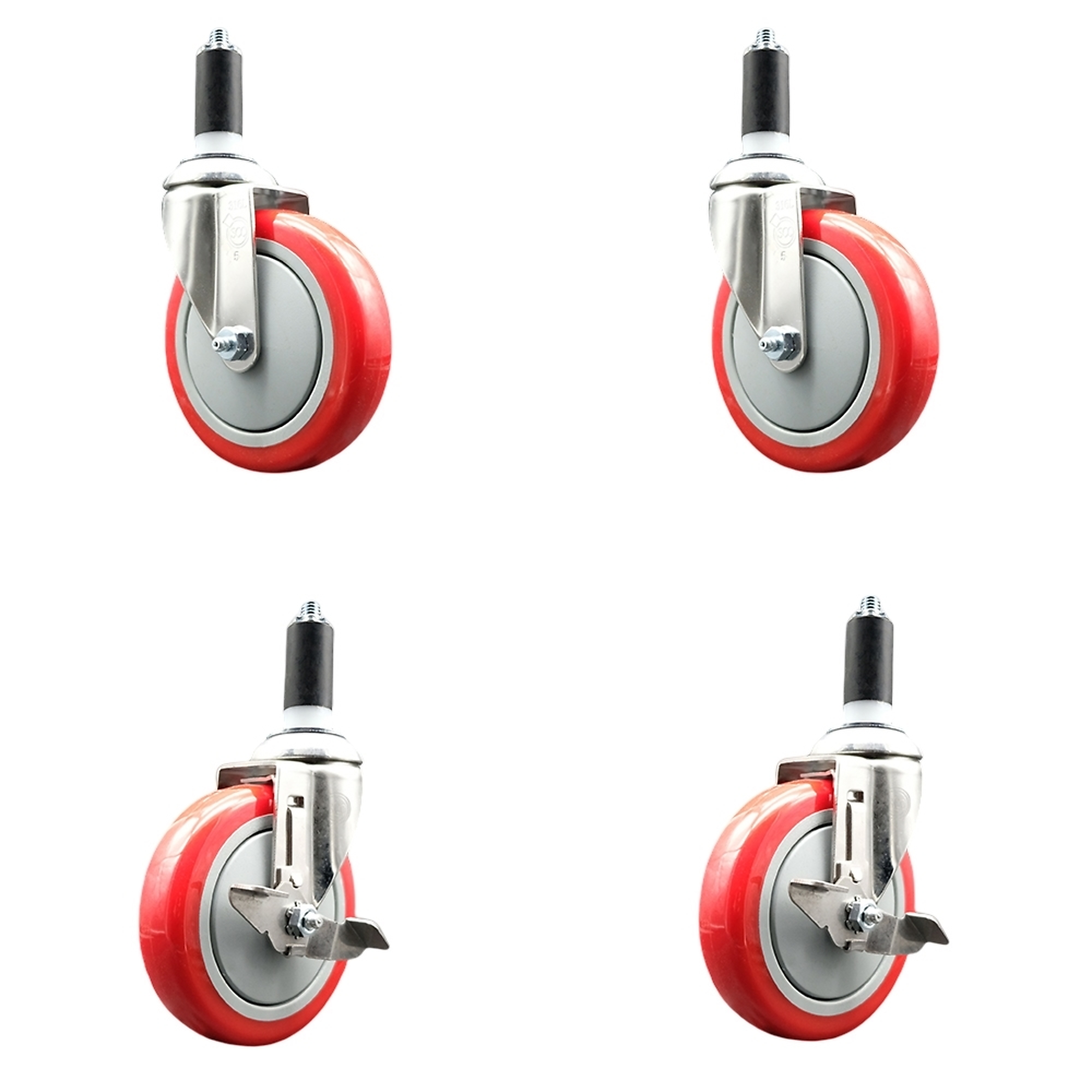 Service Caster, 5Inch x 1 1/4Inch Stem Casters, Wheel Diameter 5 in, Caster Type Swivel, Package (qty.) 4, Model SS316EX20S514-PPUB-RED-2-TLB-2-114