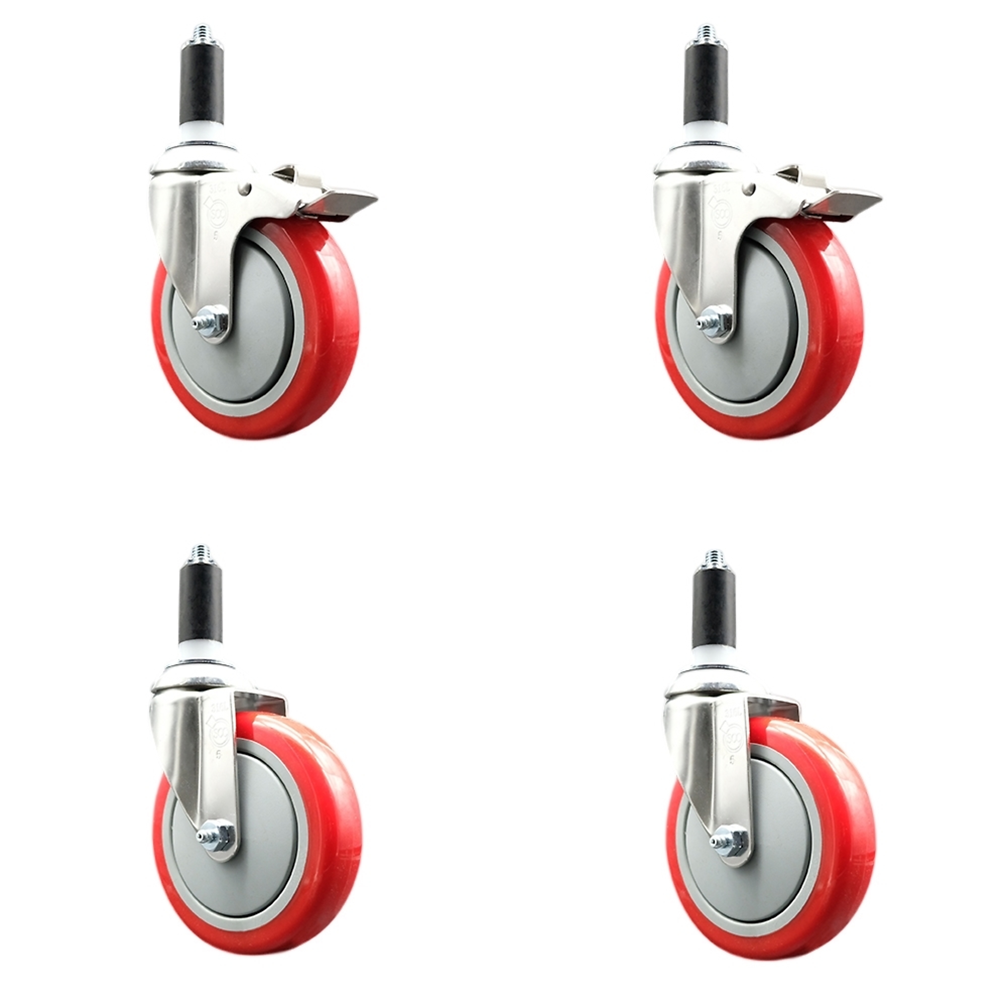 Service Caster, 5Inch x 1 1/4Inch Stem Casters, Wheel Diameter 5 in, Caster Type Swivel, Package (qty.) 4, Model SS316TTLEX20S514-PPUB-RED-2-S-2-138