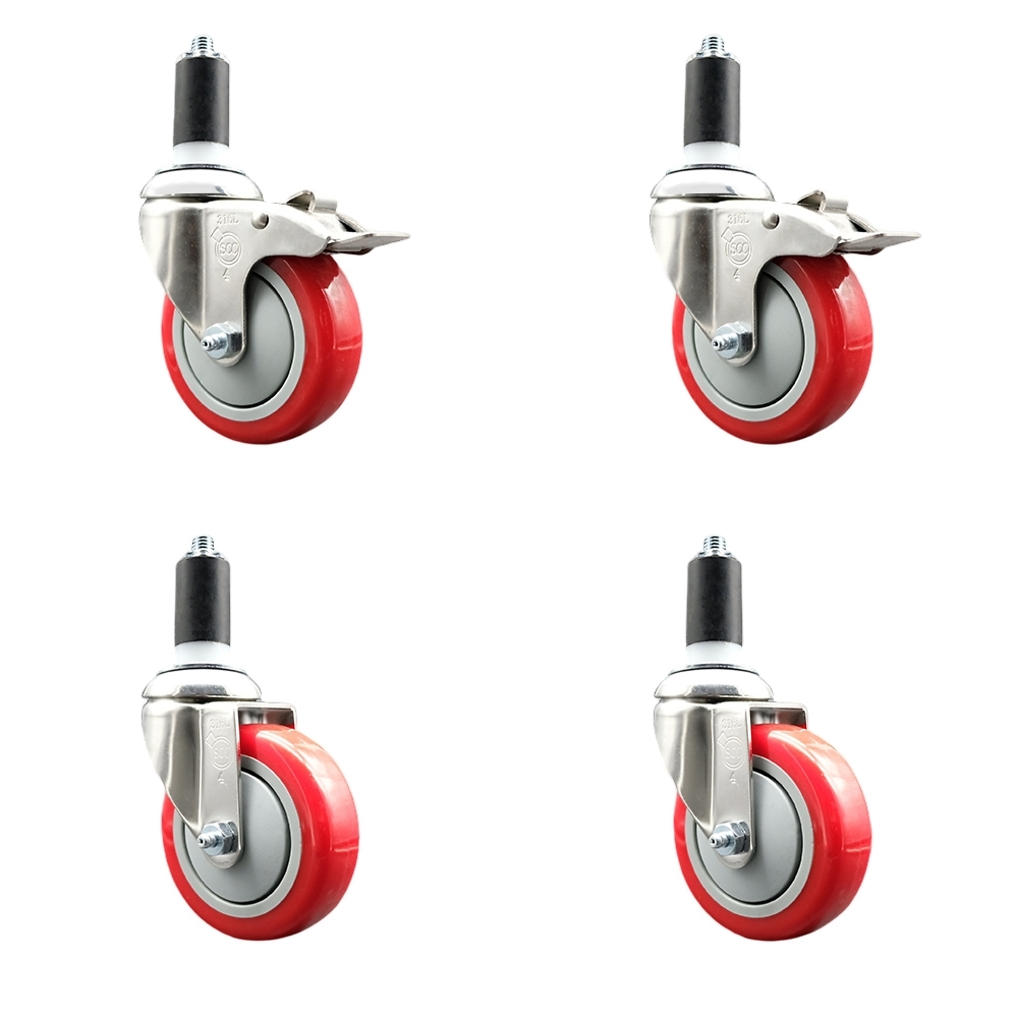 Service Caster, 4Inch x 1 1/4Inch Stem Casters, Wheel Diameter 4 in, Caster Type Swivel, Package (qty.) 4, Model SS316TTLEX20S414-PPUB-RED-2-S-2-138