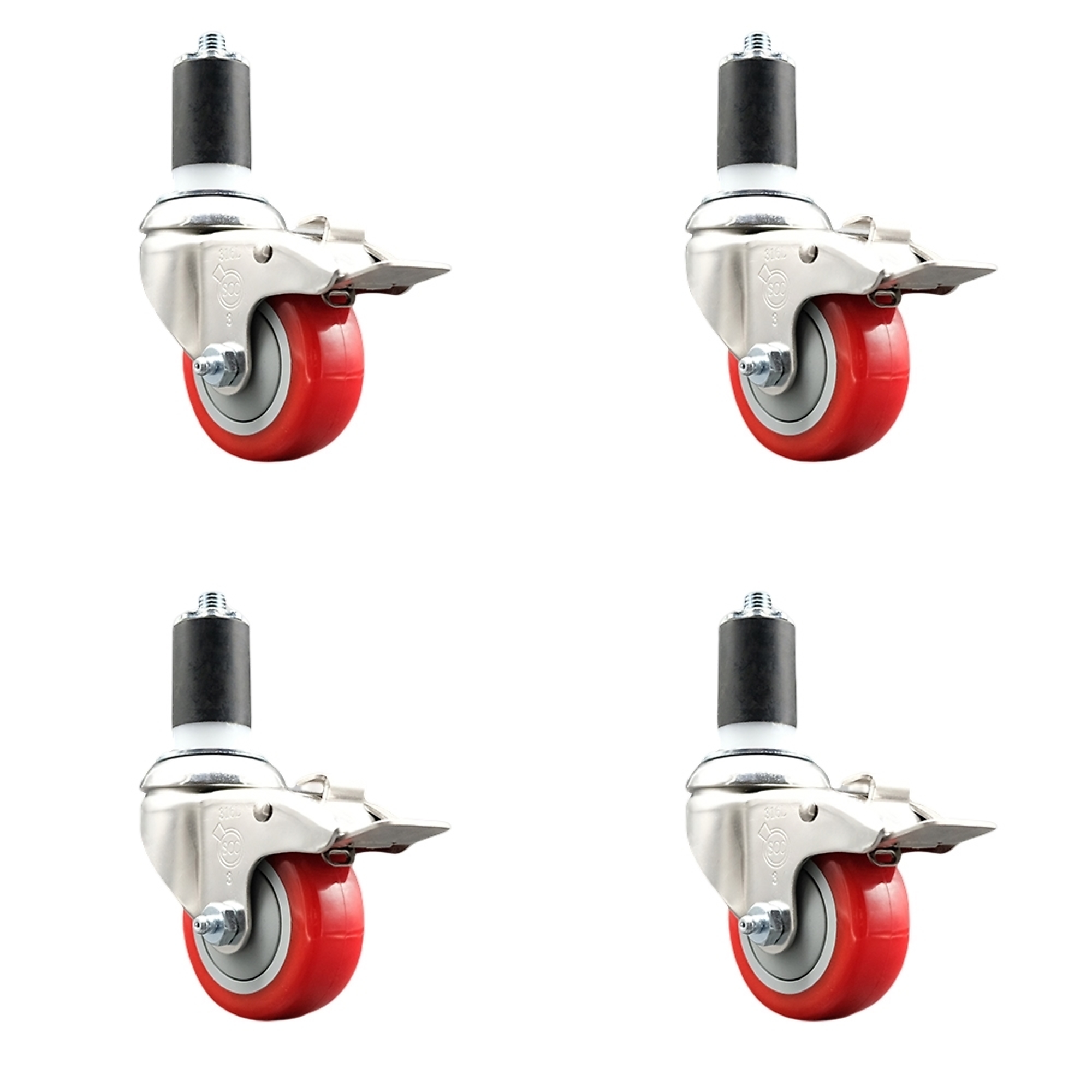 Service Caster, 3Inch x 1 1/4Inch Stem Casters, Wheel Diameter 3 in, Caster Type Swivel, Package (qty.) 4, Model SCC-SS316TTLEX20S314-PPUB-RED-112-4