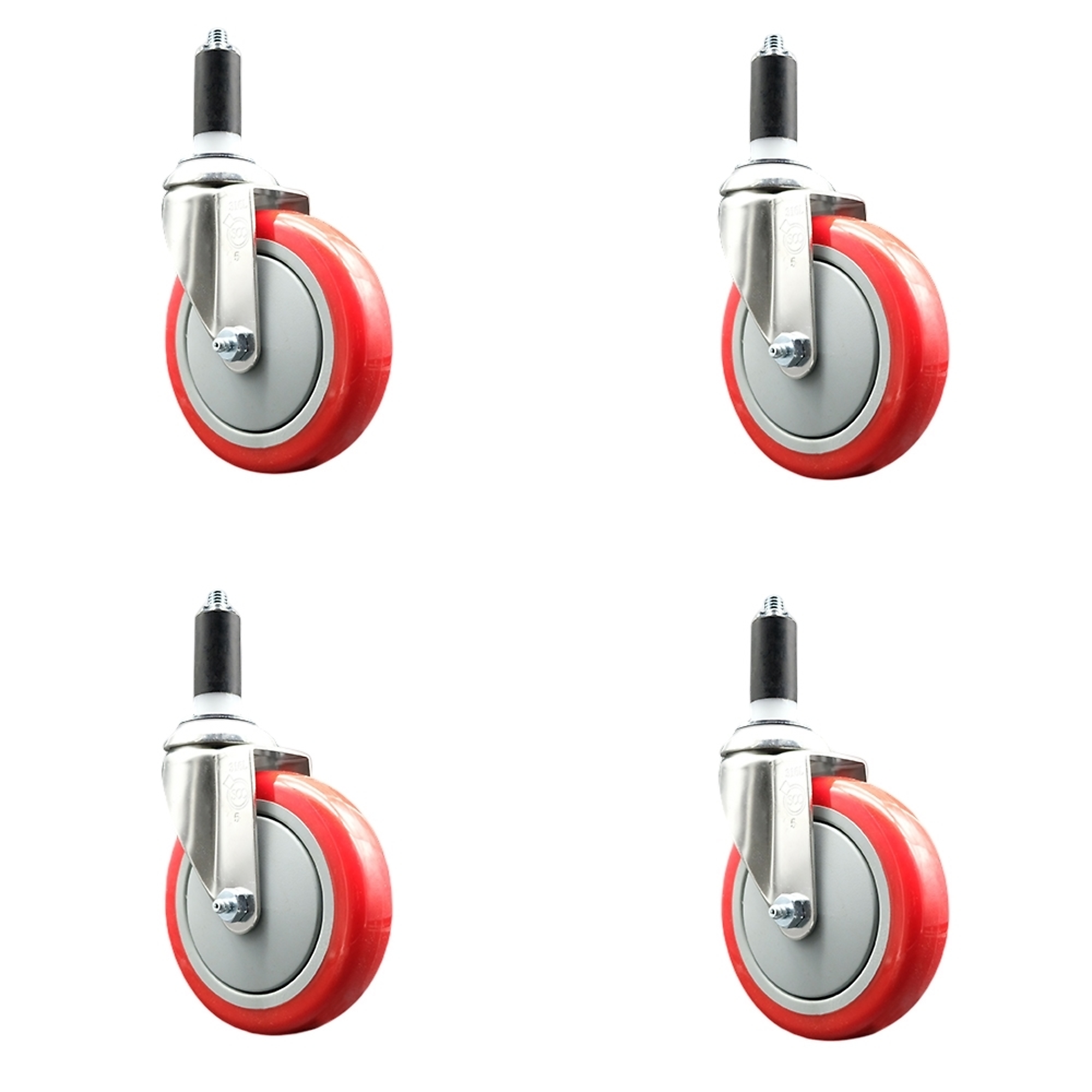 Service Caster, 5Inch x 1 1/4Inch Stem Casters, Wheel Diameter 5 in, Caster Type Swivel, Package (qty.) 4, Model SCC-SS316EX20S514-PPUB-RED-138-4