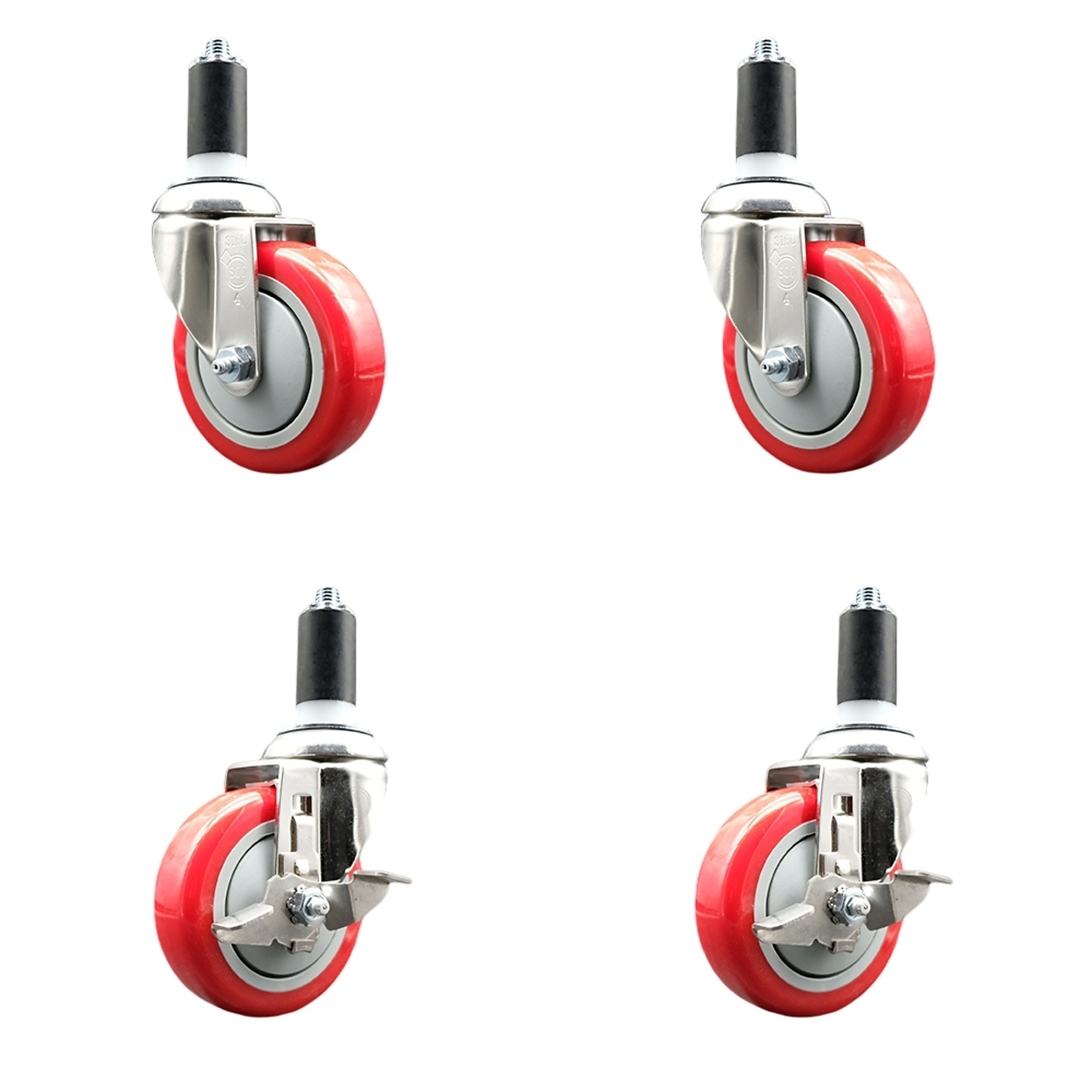 Service Caster, 4Inch x 1 1/4Inch Stem Casters, Wheel Diameter 4 in, Caster Type Swivel, Package (qty.) 4, Model SS316EX20S414-PPUB-RED-2-TLB-2-138