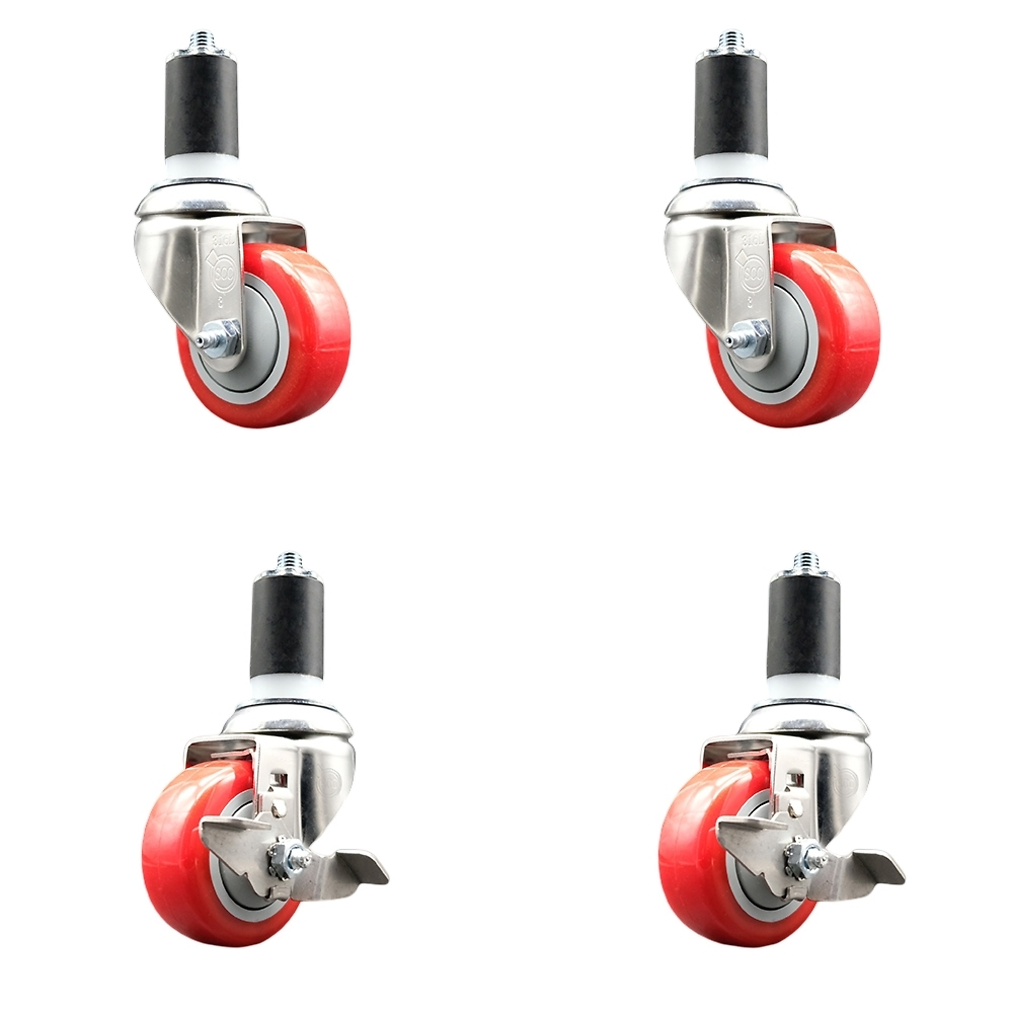 Service Caster, 3Inch x 1 1/4Inch Stem Casters, Wheel Diameter 3 in, Caster Type Swivel, Package (qty.) 4, Model SS316EX20S314-PPUB-RED-2-TLB-2-112