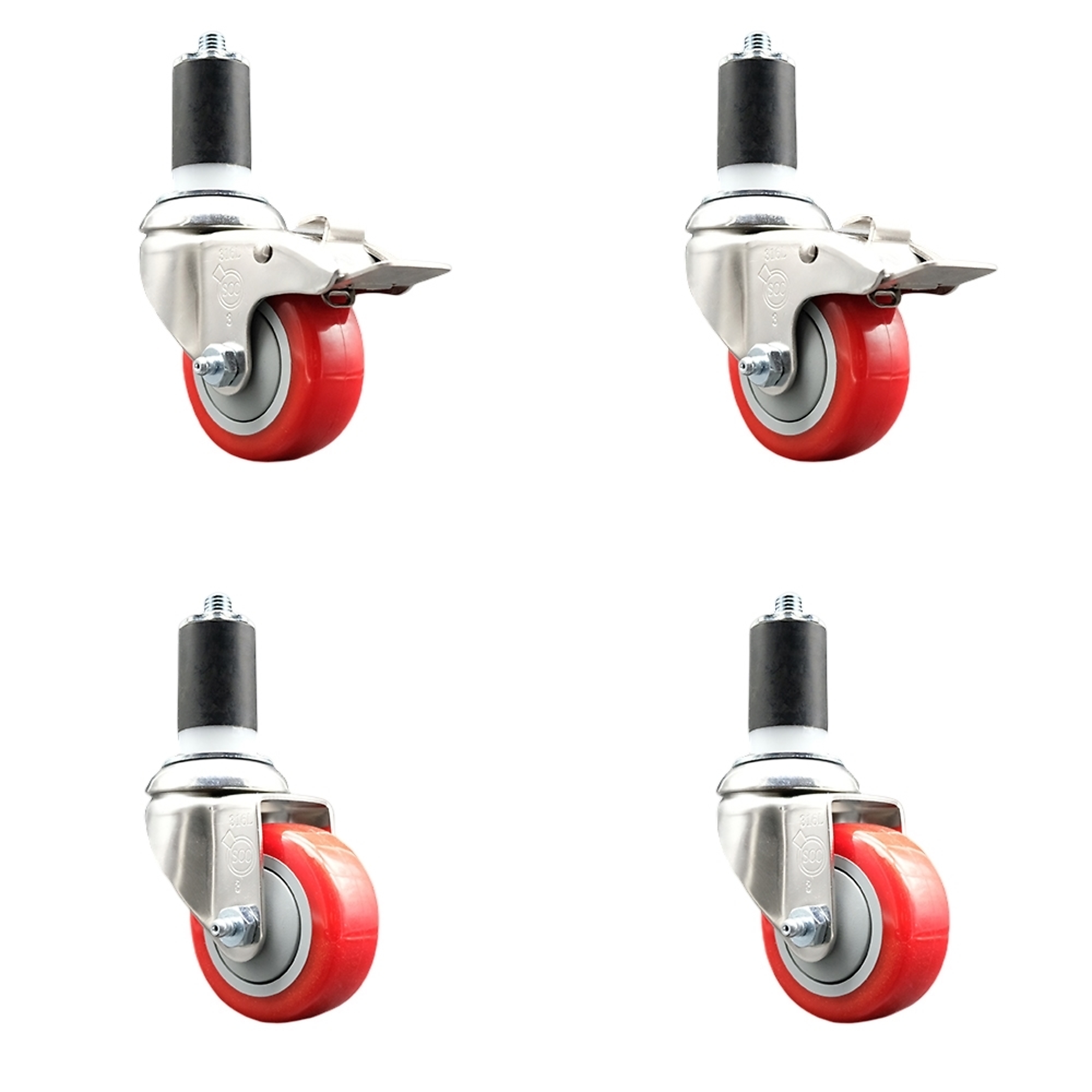 Service Caster, 3Inch x 1 1/4Inch Stem Casters, Wheel Diameter 3 in, Caster Type Swivel, Package (qty.) 4, Model SS316TTLEX20S314-PPUB-RED-2-S-2-112