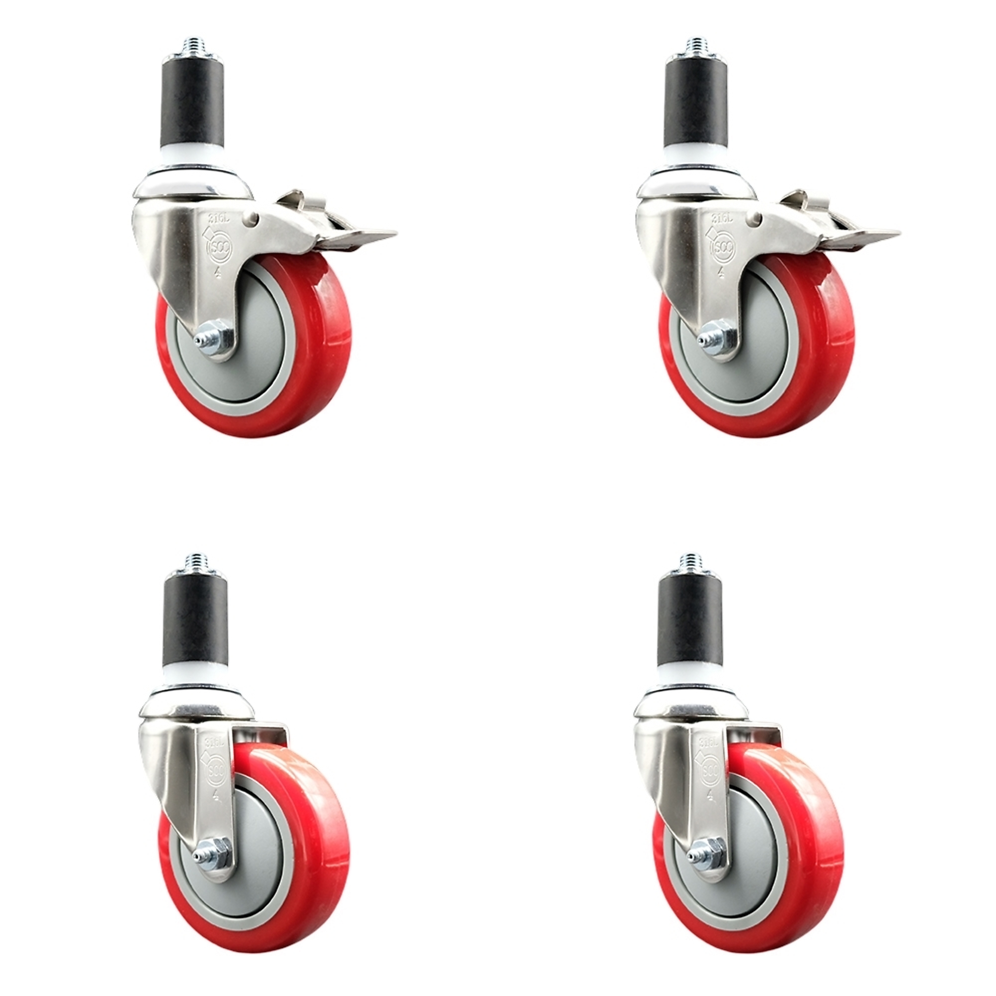 Service Caster, 4Inch x 1 1/4Inch Stem Casters, Wheel Diameter 4 in, Caster Type Swivel, Package (qty.) 4, Model SS316TTLEX20S414-PPUB-RED-2-S-2-112