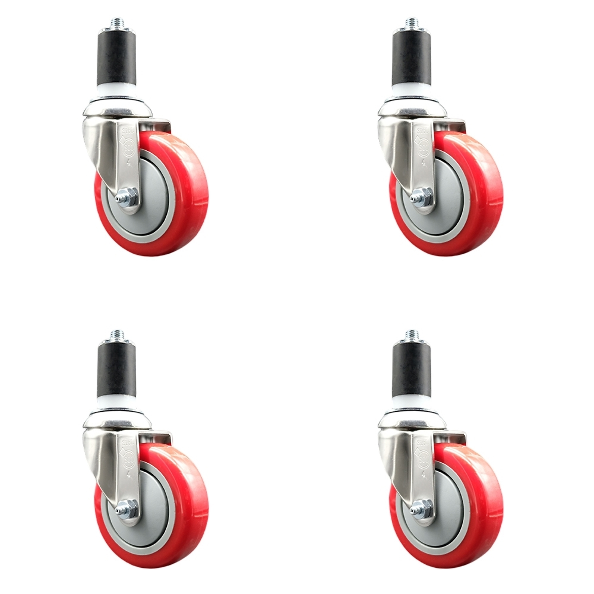 Service Caster, 4Inch x 1 1/4Inch Stem Casters, Wheel Diameter 4 in, Caster Type Swivel, Package (qty.) 4, Model SCC-SS316EX20S414-PPUB-RED-112-4