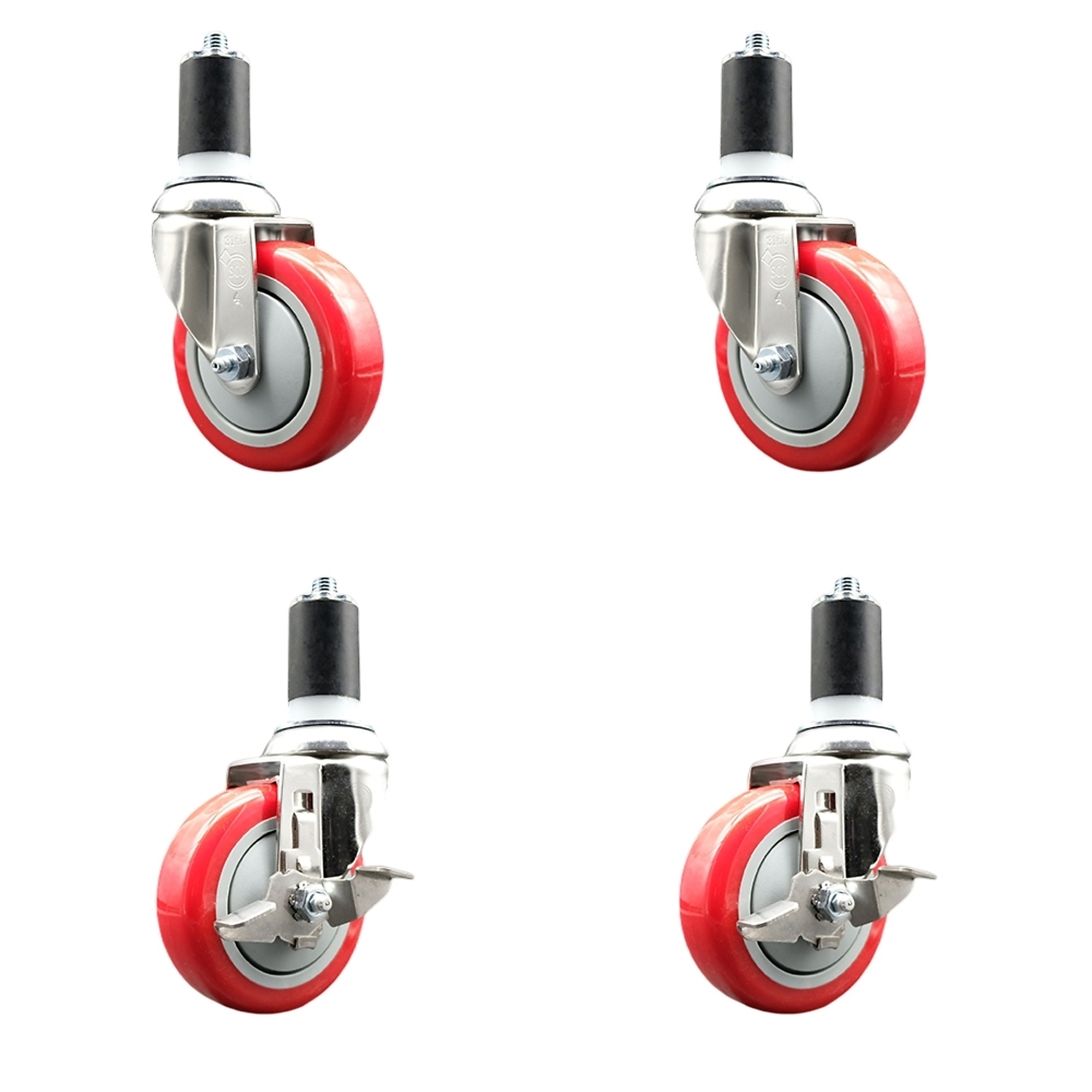 Service Caster, 4Inch x 1 1/4Inch Stem Casters, Wheel Diameter 4 in, Caster Type Swivel, Package (qty.) 4, Model SS316EX20S414-PPUB-RED-2-TLB-2-112