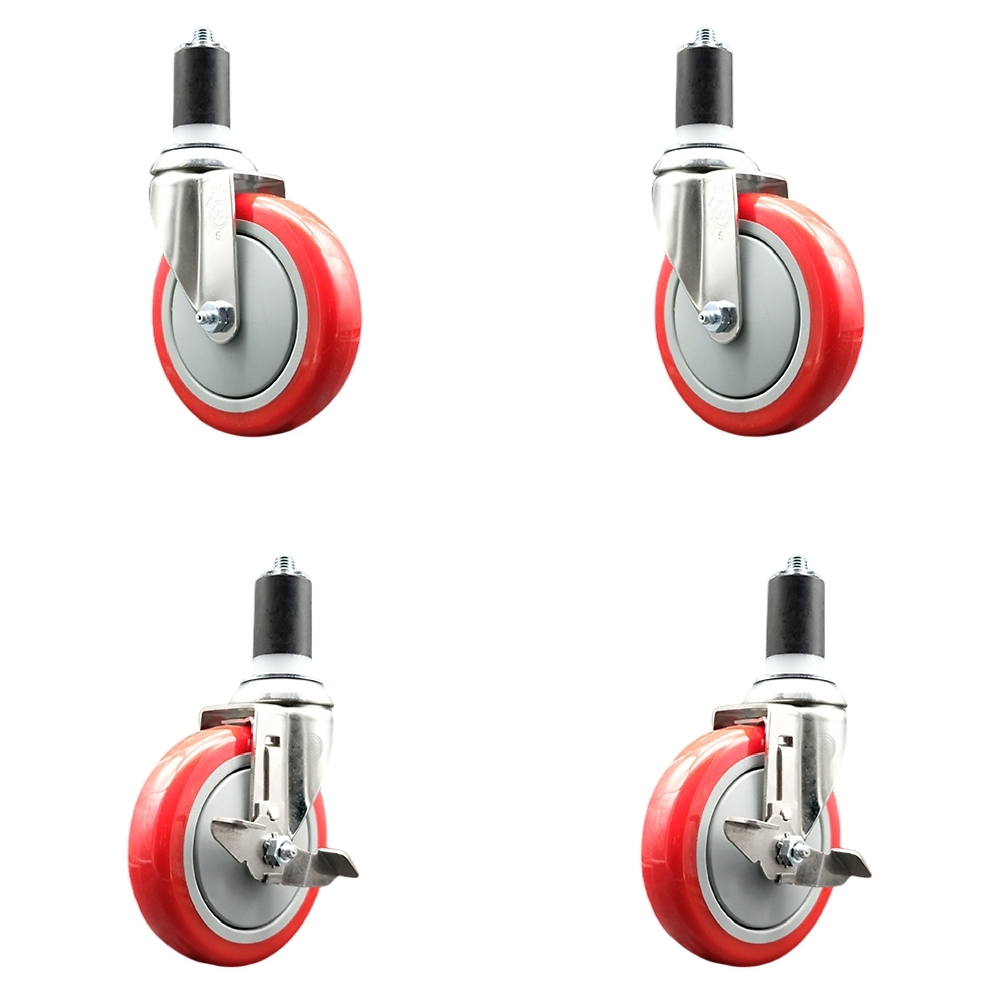 Service Caster, 5Inch x 1 1/4Inch Stem Casters, Wheel Diameter 5 in, Caster Type Swivel, Package (qty.) 4, Model SS316EX20S514-PPUB-RED-2-TLB-2-112