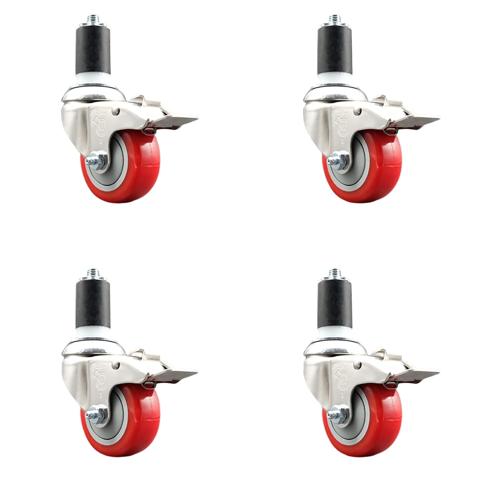 Service Caster, 3 1/2Inch x 1 1/4Inch Stem Casters, Wheel Diameter 3.5 in, Caster Type Swivel, Package (qty.) 4, Model SCC-SS316TTLEX20S3514-PPUB-RED-