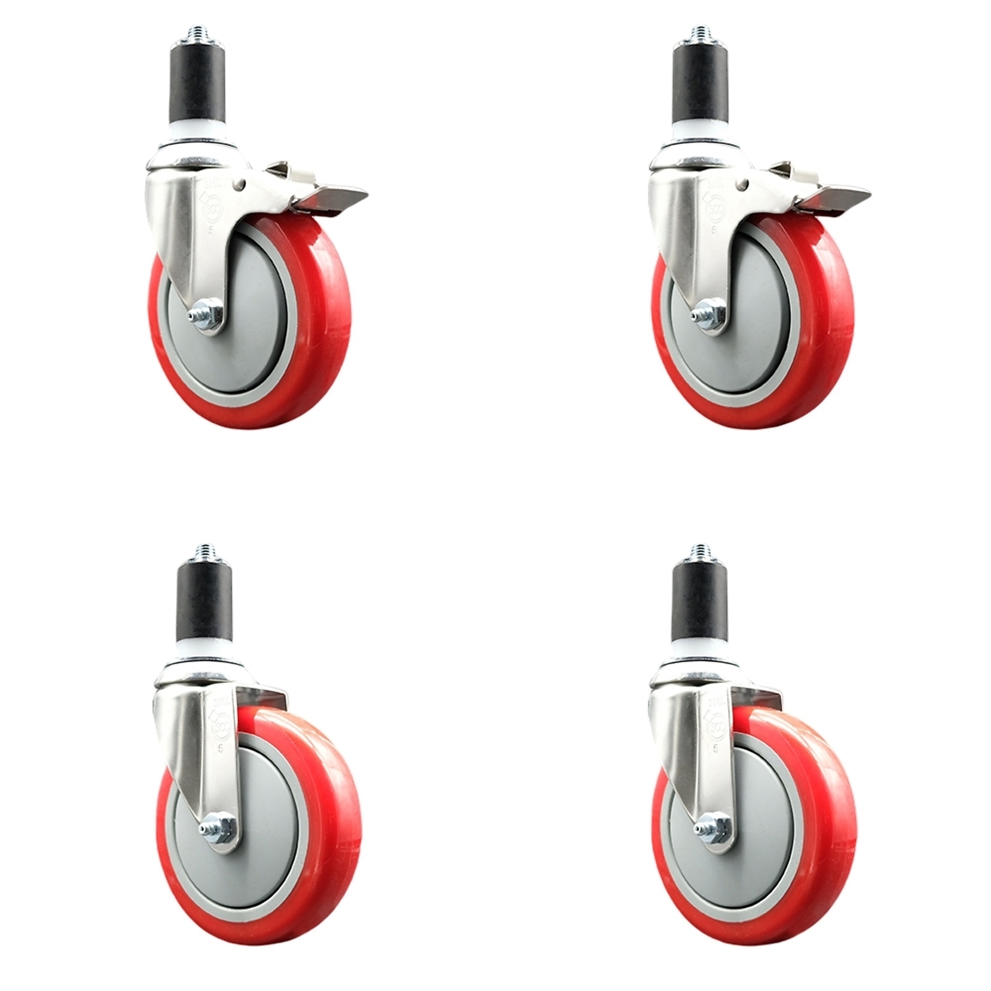 Service Caster, 5Inch x 1 1/4Inch Stem Casters, Wheel Diameter 5 in, Caster Type Swivel, Package (qty.) 4, Model SS316TTLEX20S514-PPUB-RED-2-S-2-112