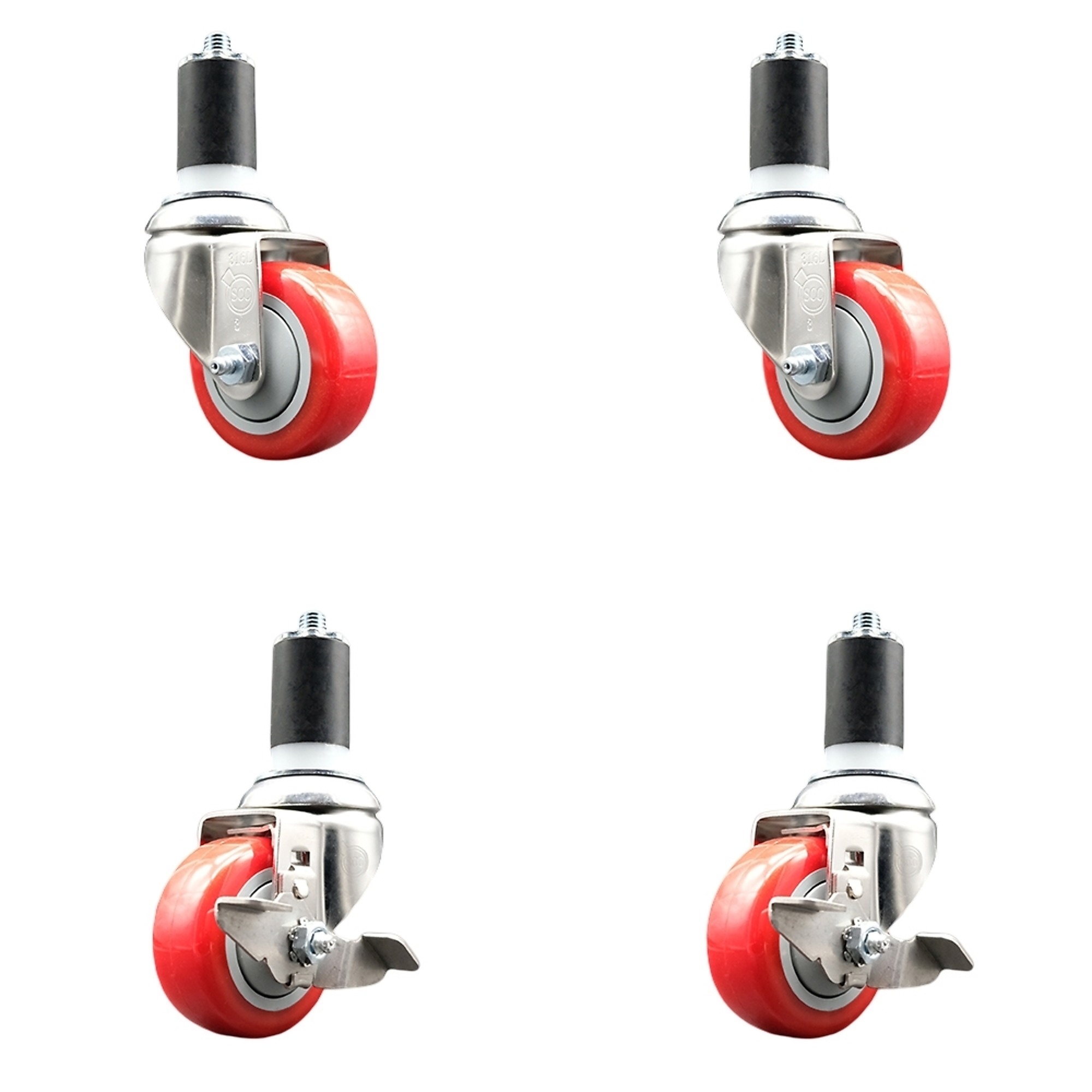 Service Caster, 3Inch x 1 1/4Inch Stem Casters, Wheel Diameter 3 in, Caster Type Swivel, Package (qty.) 4, Model SS316EX20S314-PPUB-RED-2-TLB-2-158