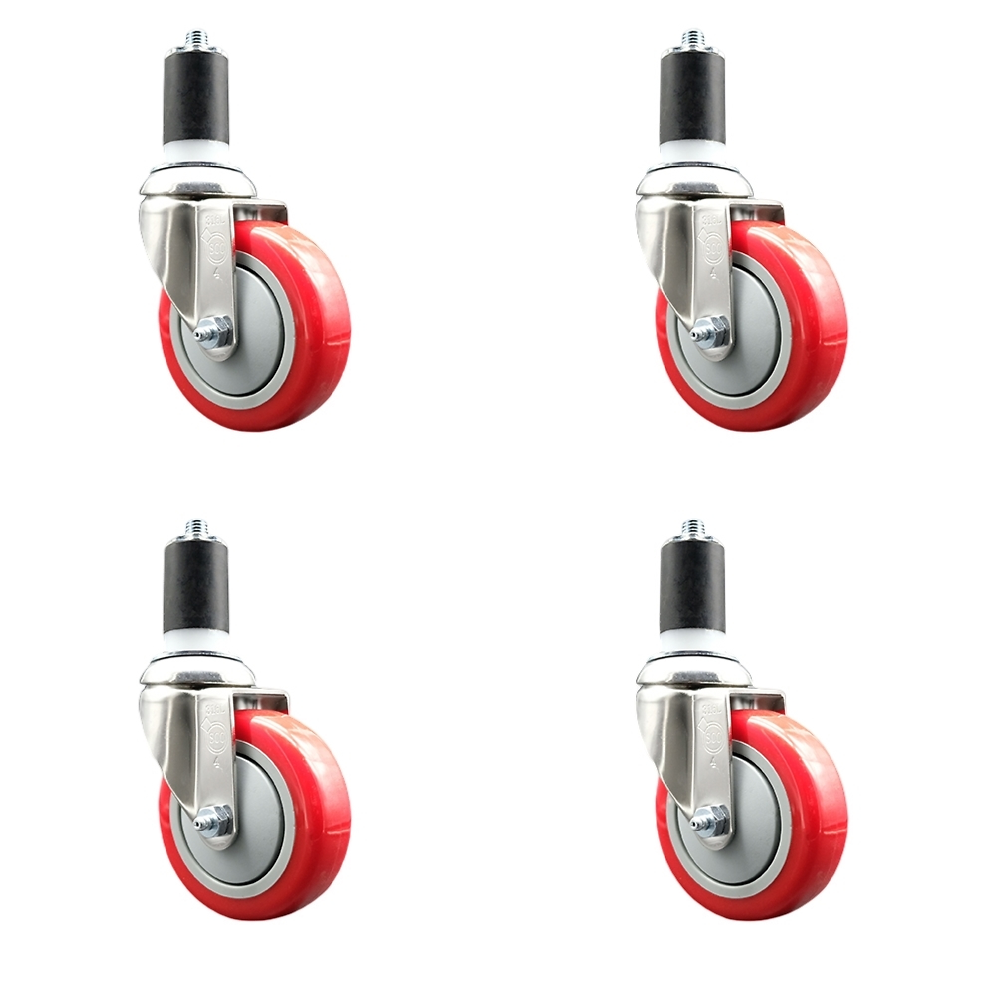 Service Caster, 4Inch x 1 1/4Inch Stem Casters, Wheel Diameter 4 in, Caster Type Swivel, Package (qty.) 4, Model SCC-SS316EX20S414-PPUB-RED-158-4