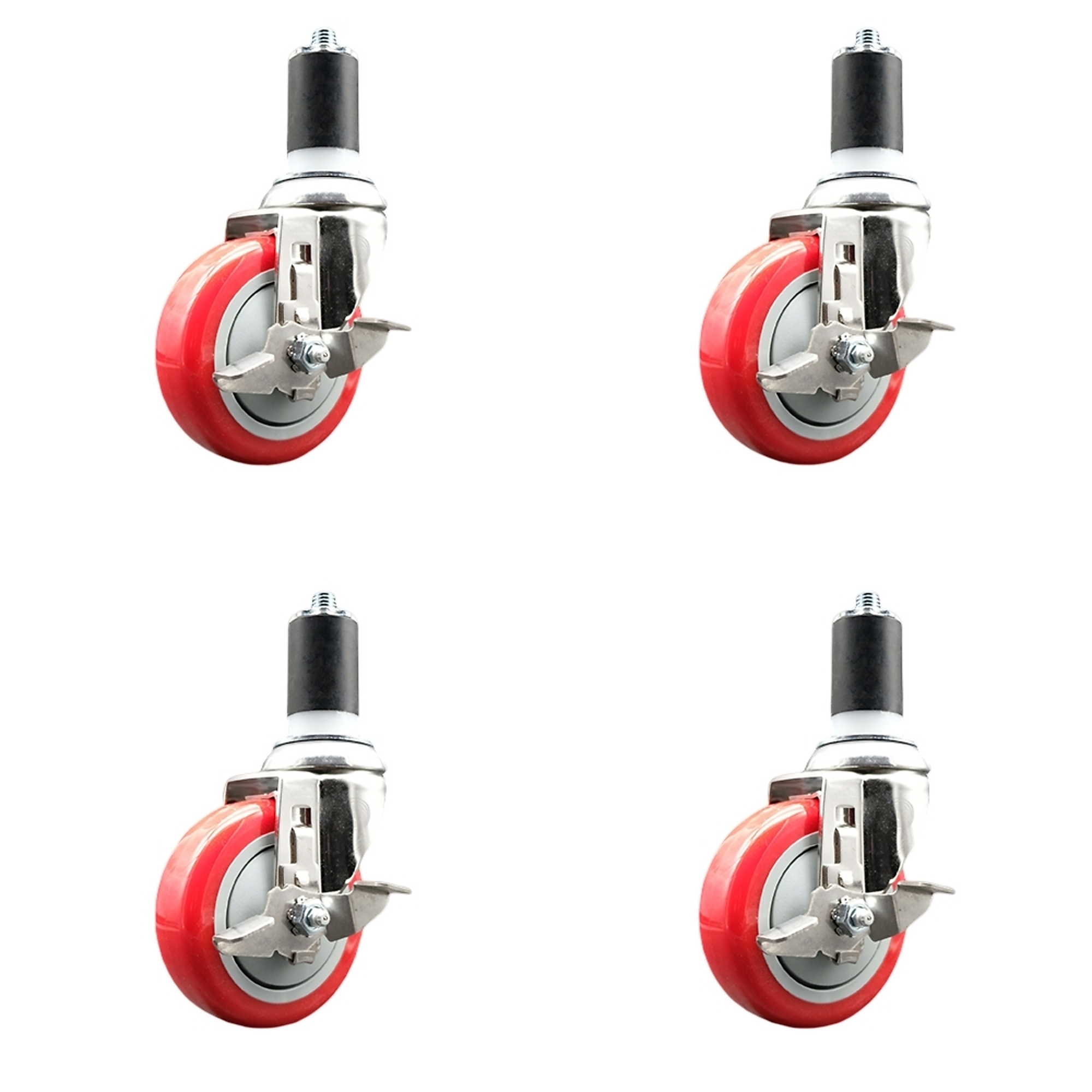 Service Caster, 4Inch x 1 1/4Inch Stem Casters, Wheel Diameter 4 in, Caster Type Swivel, Package (qty.) 4, Model SCC-SS316EX20S414-PPUB-RED-TLB-158-4