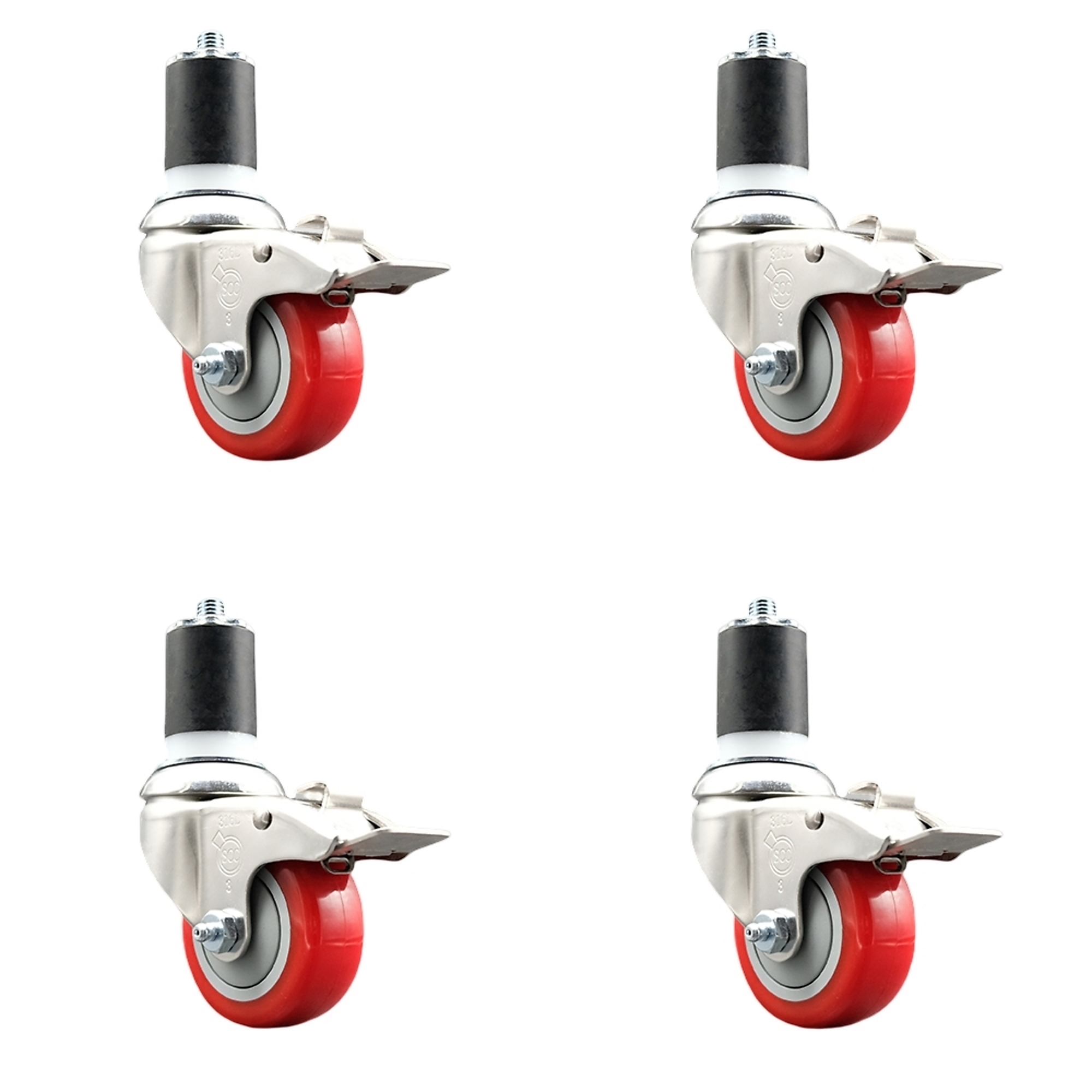 Service Caster, 3Inch x 1 1/4Inch Stem Casters, Wheel Diameter 3 in, Caster Type Swivel, Package (qty.) 4, Model SCC-SS316TTLEX20S314-PPUB-RED-134-4