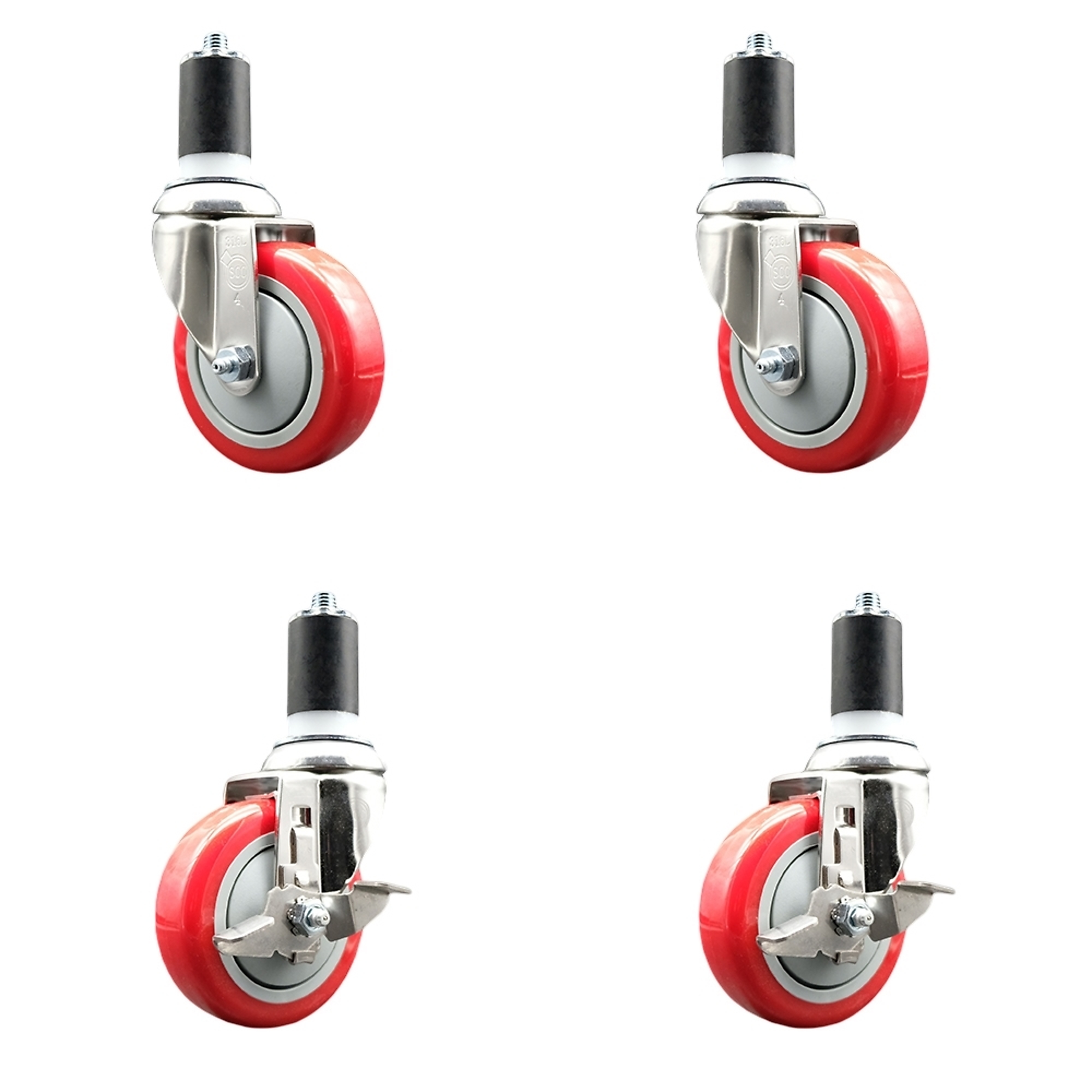 Service Caster, 4Inch x 1 1/4Inch Stem Casters, Wheel Diameter 4 in, Caster Type Swivel, Package (qty.) 4, Model SS316EX20S414-PPUB-RED-2-TLB-2-158