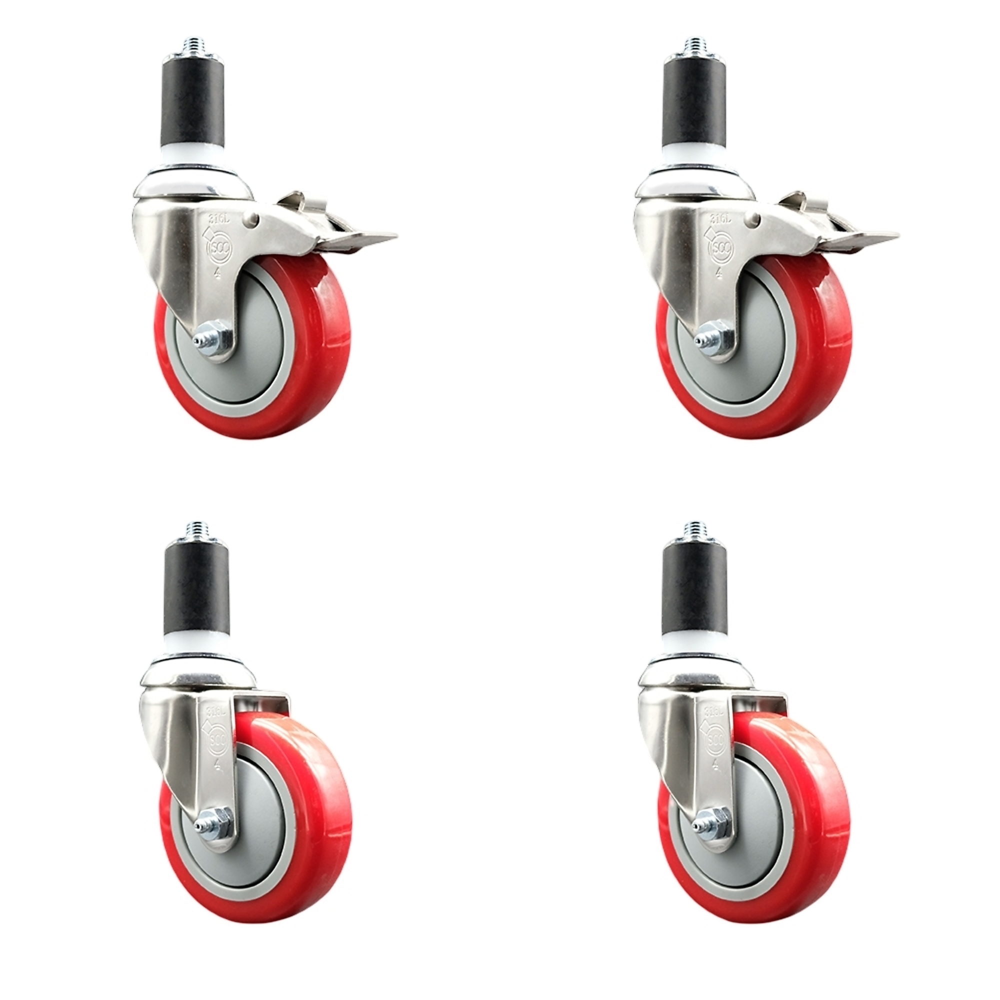 Service Caster, 4Inch x 1 1/4Inch Stem Casters, Wheel Diameter 4 in, Caster Type Swivel, Package (qty.) 4, Model SS316TTLEX20S414-PPUB-RED-2-S-2-158