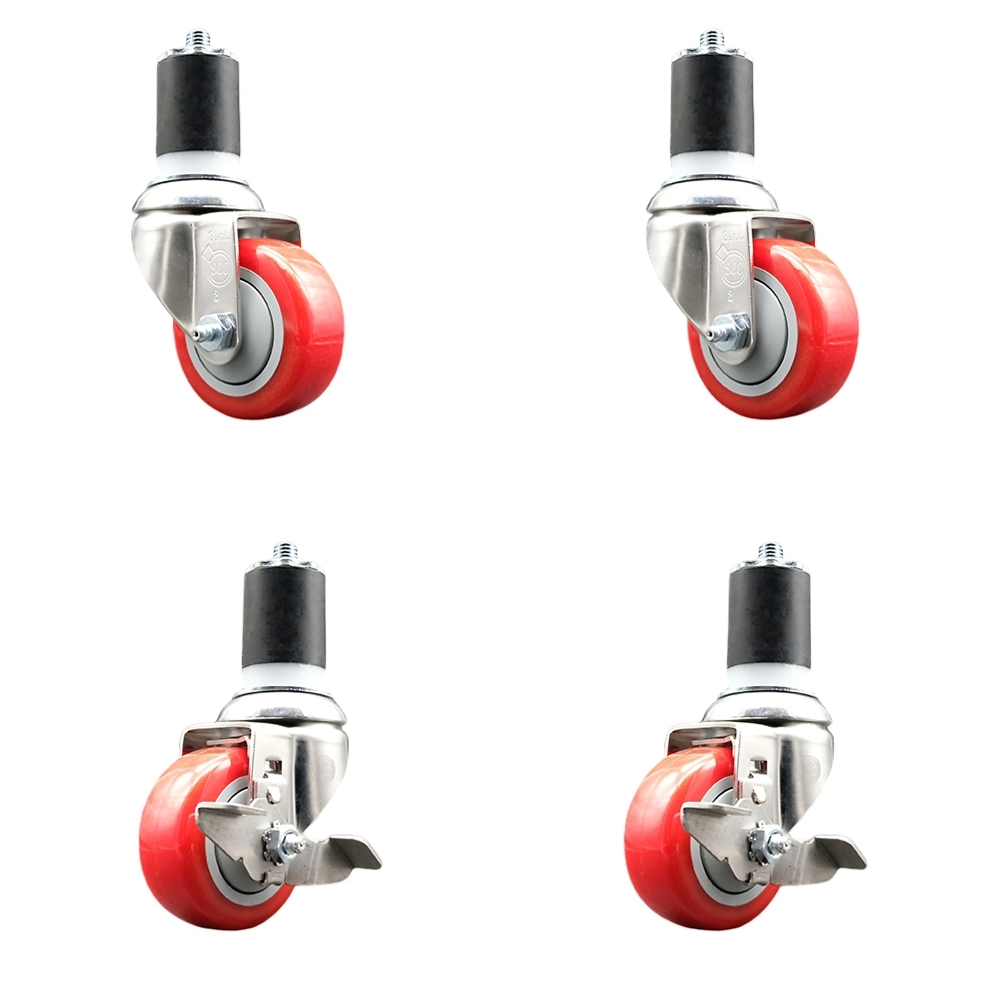 Service Caster, 3Inch x 1 1/4Inch Stem Casters, Wheel Diameter 3 in, Caster Type Swivel, Package (qty.) 4, Model SS316EX20S314-PPUB-RED-2-TLB-2-134