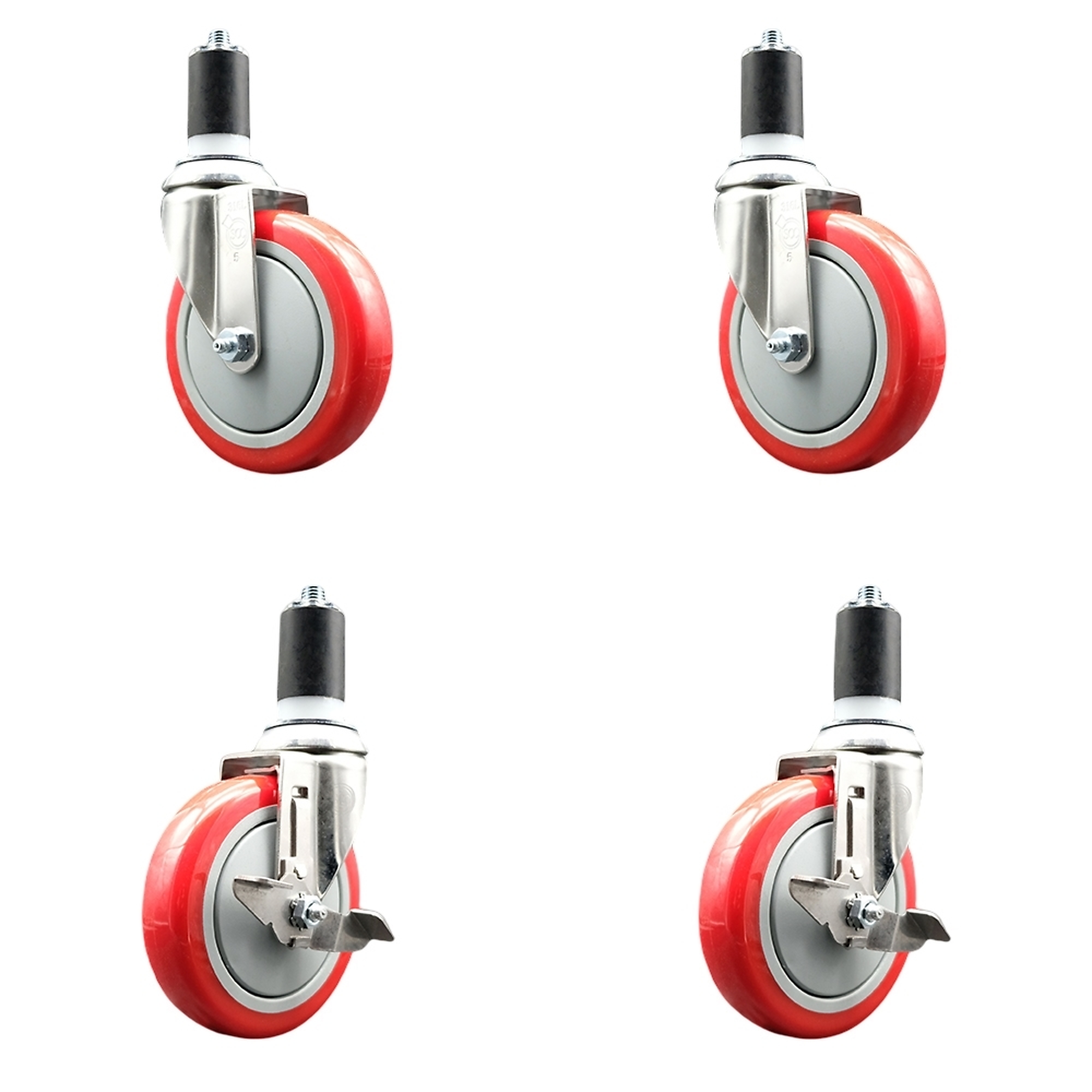 Service Caster, 5Inch x 1 1/4Inch Stem Casters, Wheel Diameter 5 in, Caster Type Swivel, Package (qty.) 4, Model SS316EX20S514-PPUB-RED-2-TLB-2-158