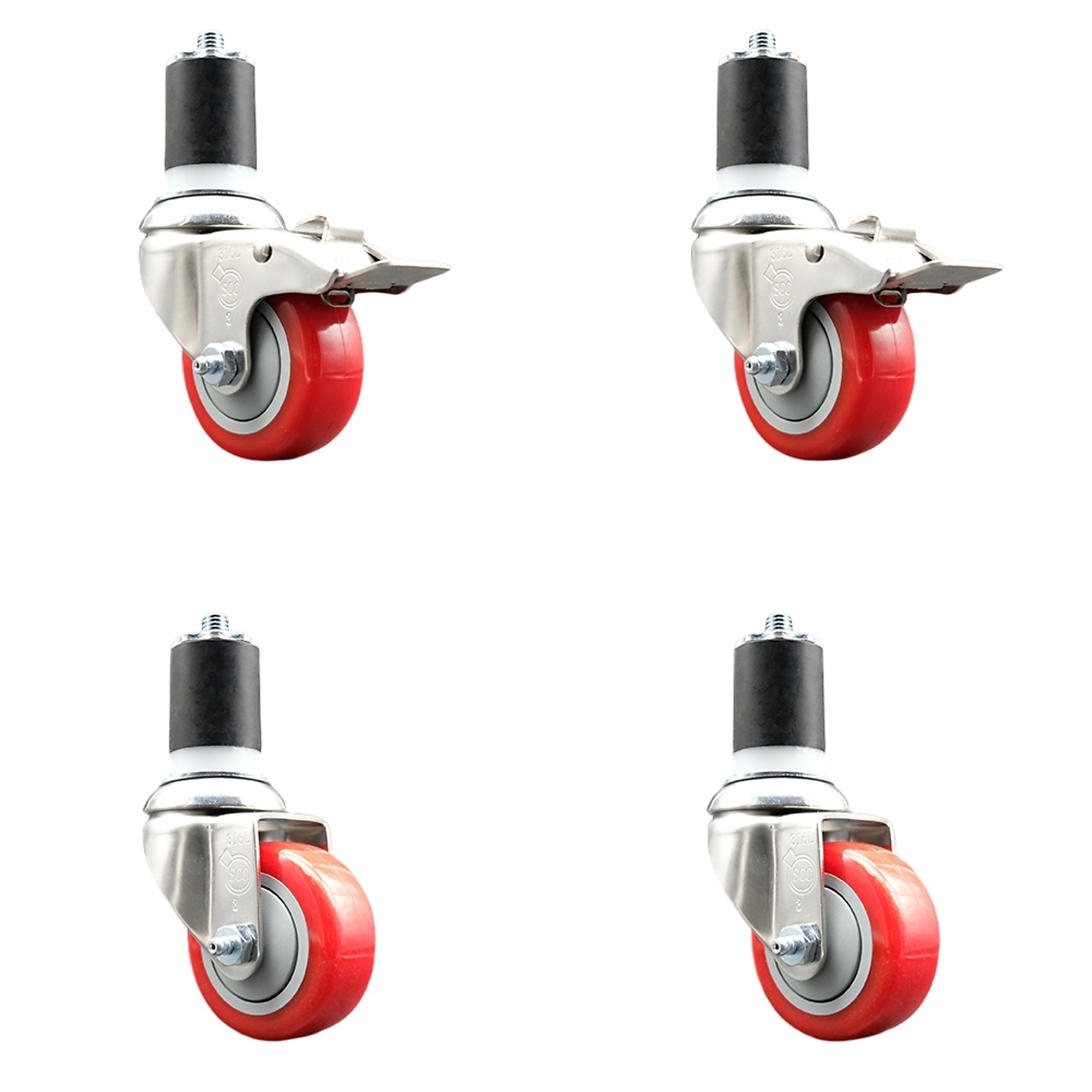 Service Caster, 3Inch x 1 1/4Inch Stem Casters, Wheel Diameter 3 in, Caster Type Swivel, Package (qty.) 4, Model SS316TTLEX20S314-PPUB-RED-2-S-2-134