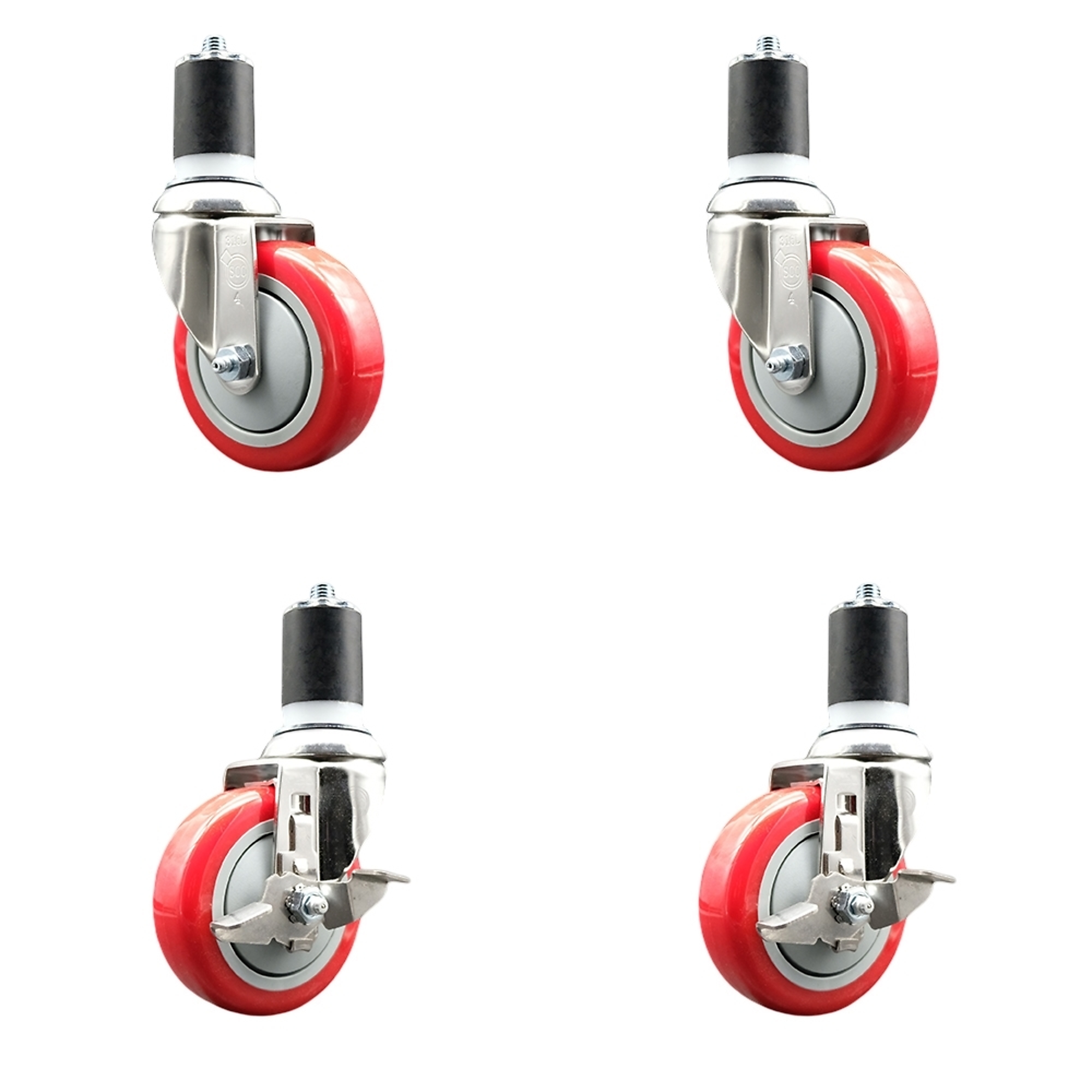 Service Caster, 4Inch x 1 1/4Inch Stem Casters, Wheel Diameter 4 in, Caster Type Swivel, Package (qty.) 4, Model SS316EX20S414-PPUB-RED-2-TLB-2-134