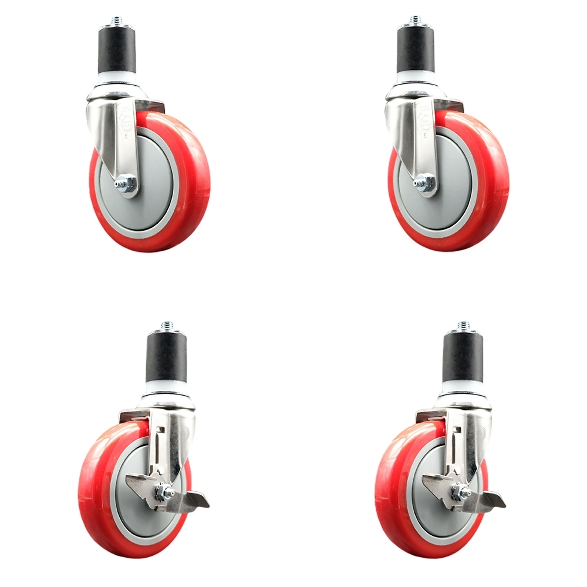 Service Caster, 5Inch x 1 1/4Inch Stem Casters, Wheel Diameter 5 in, Caster Type Swivel, Package (qty.) 4, Model SS316EX20S514-PPUB-RED-2-TLB-2-134