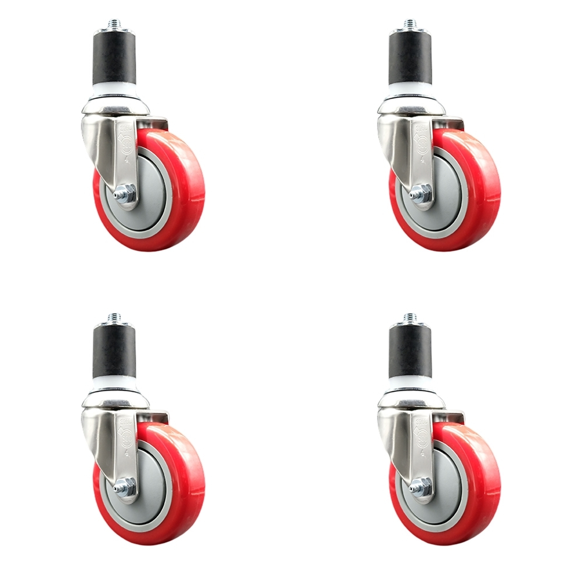 Service Caster, 4Inch x 1 1/4Inch Stem Casters, Wheel Diameter 4 in, Caster Type Swivel, Package (qty.) 4, Model SCC-SS316EX20S414-PPUB-RED-134-4