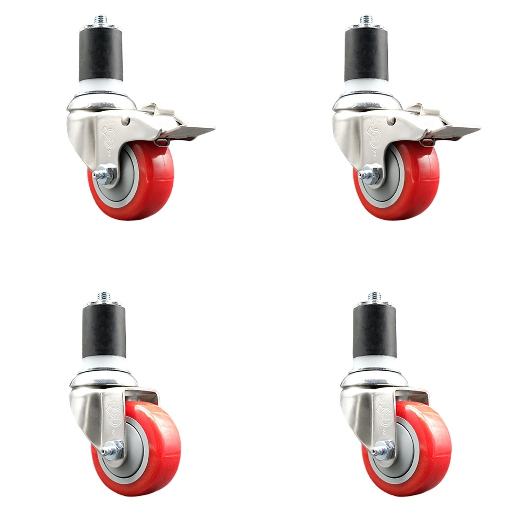 Service Caster, 3Inch x 1 1/4Inch Stem Casters, Wheel Diameter 3 in, Caster Type Swivel, Package (qty.) 4, Model SS316TTLEX20S314-PPUB-RED-2-S-2-178