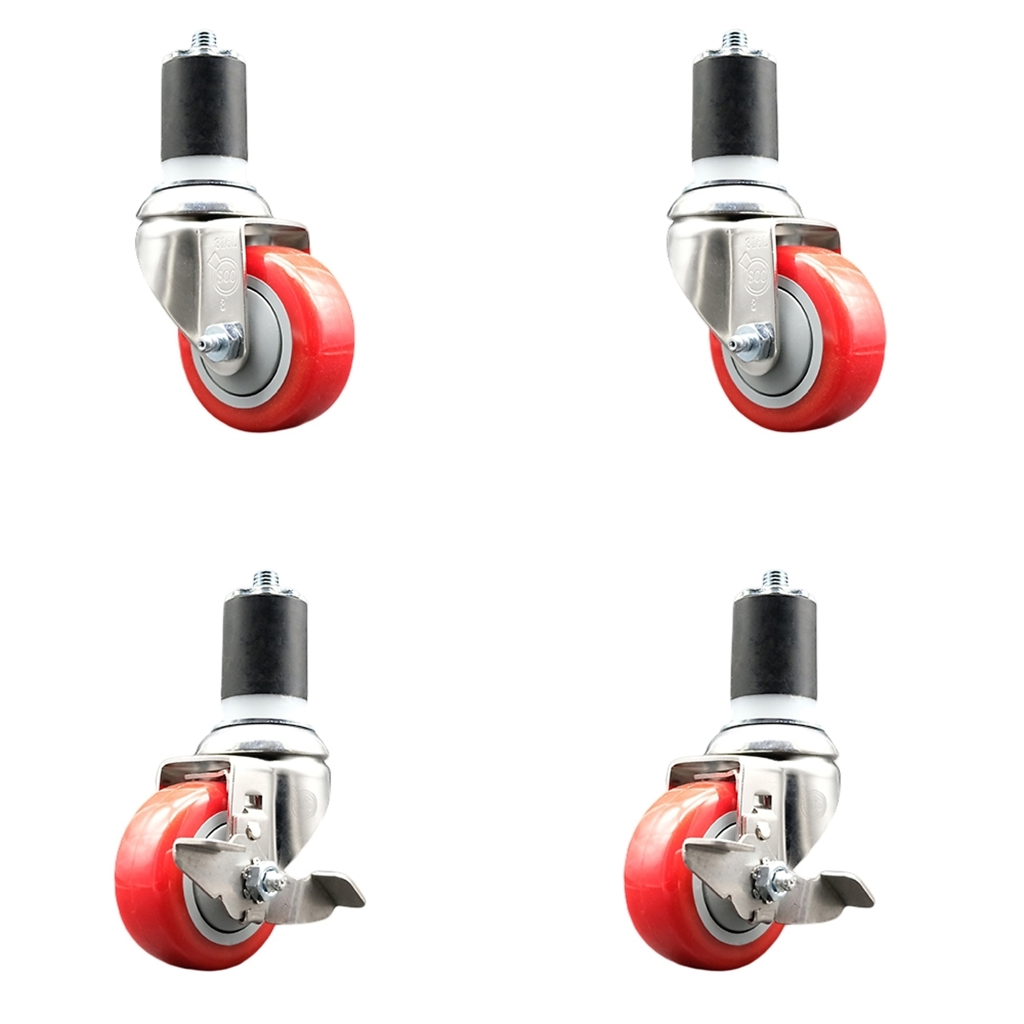 Service Caster, 3Inch x 1 1/4Inch Stem Casters, Wheel Diameter 3 in, Caster Type Swivel, Package (qty.) 4, Model SS316EX20S314-PPUB-RED-2-TLB-2-178