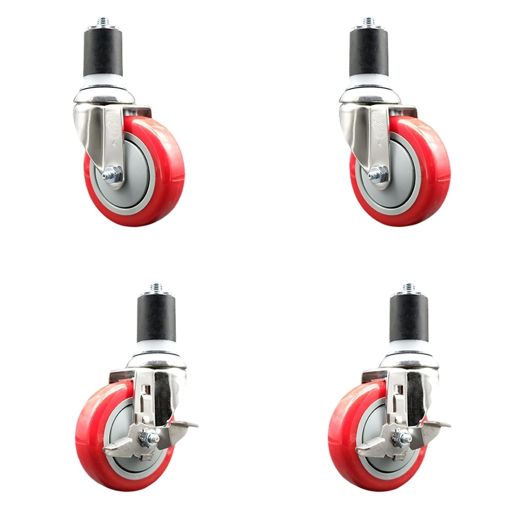 Service Caster, 4Inch x 1 1/4Inch Stem Casters, Wheel Diameter 4 in, Caster Type Swivel, Package (qty.) 4, Model SS316EX20S414-PPUB-RED-2-TLB-2-178