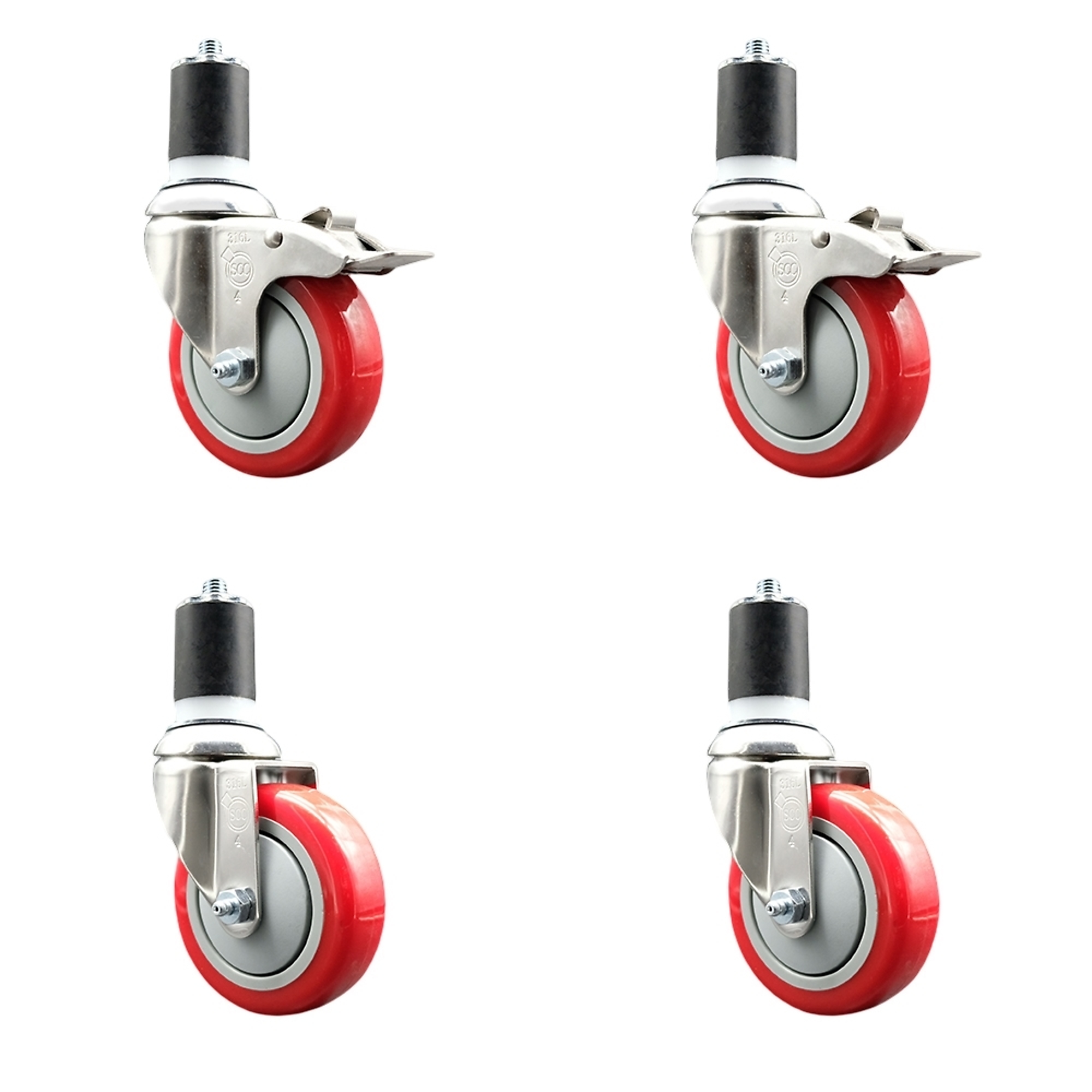 Service Caster, 4Inch x 1 1/4Inch Stem Casters, Wheel Diameter 4 in, Caster Type Swivel, Package (qty.) 4, Model SS316TTLEX20S414-PPUB-RED-2-S-2-178